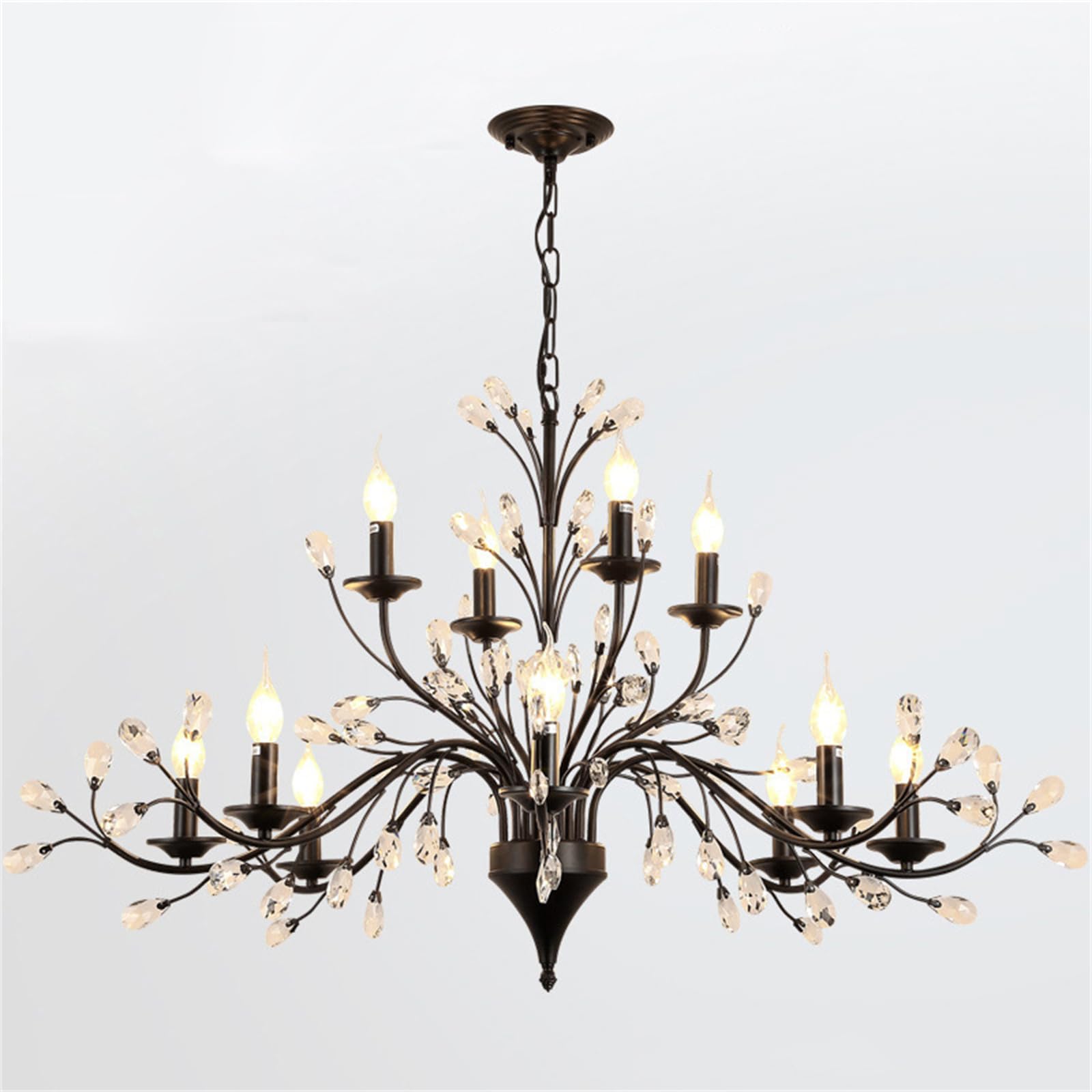 KXEcoLife Vintage K9 Clear Crystal Chandeliers Ceiling Lights, 12 Lights Pendant Lighting, Light Fixtures for Living Room Bedroom Restaurant Porch (Black)