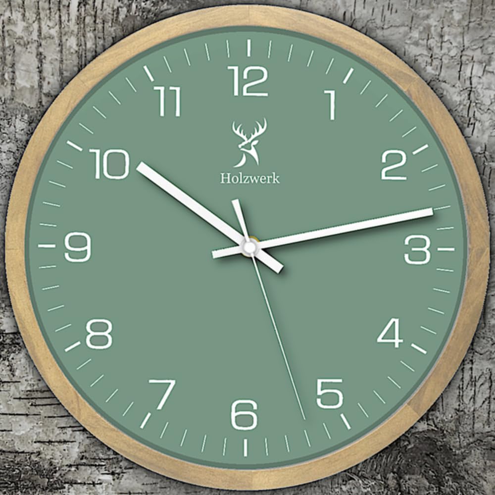 Holzwerk NAUMBURG Natur Holz Wanduhr Quarzwanduhr Moderne Wand-Uhr Glas Grün Buche nahezu lautloses Uhrwerk aus handgefertigtem Massivholz 30 cm Durchmesser (Grün-Beige)