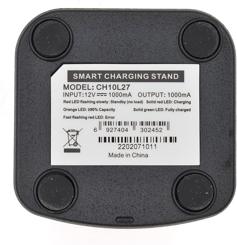 Bottom view of the Kymate CH10L27 charger base showing a label with model number, input/output specifications, and a detailed guide for the LED indicator lights.