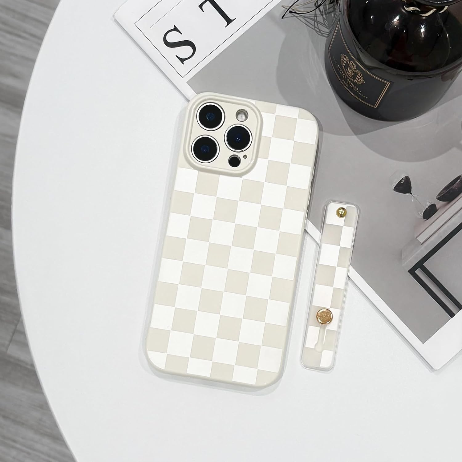 NITITOP Compatible with iPhone 14 Pro Max Case with Wrist Strap Kickstand Cute Trendy Checkerboard Plaid for Women Girls Slim Fit TPU Silicone Shockproof Full Camera Protective Cover - White - Image 4