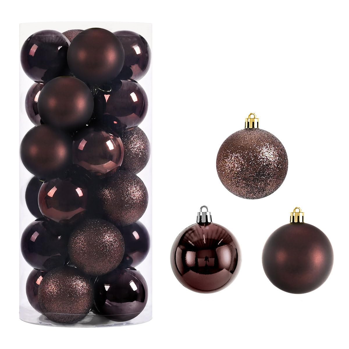 24Pcs Christmas Ball Ornaments for Xmas Tree Hanging Decoration Wedding Party Holiday Shatterproof with String (Brown, 4CM)