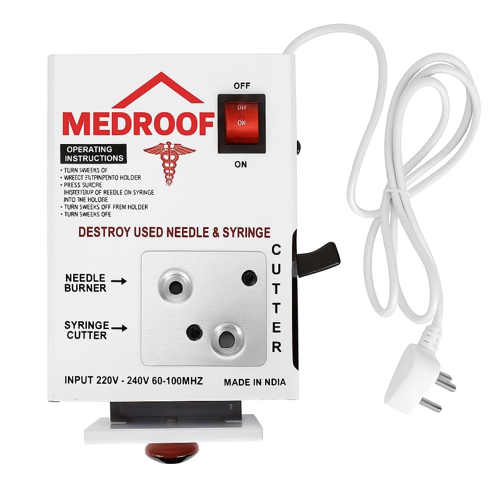 MEDROOF™ Needle Syringe Destroyer Electric, Needle Destroyer Machine for Hospital & Laboratory, Shock Proof Metal Body Mechanism, Low Power Consumption, On/Off Switch, White, Pack of 1