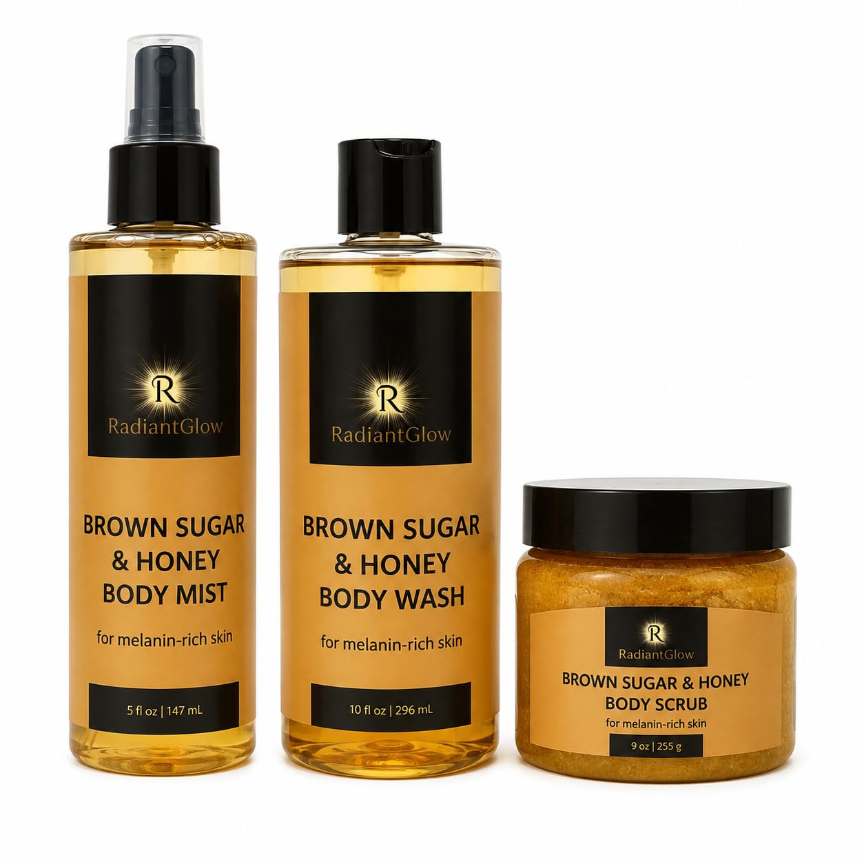 Brown Sugar & Honey Body Set, Body Mist, Body Wash, and Body Scrub for Melanin-Rich Skin, 3 Piece