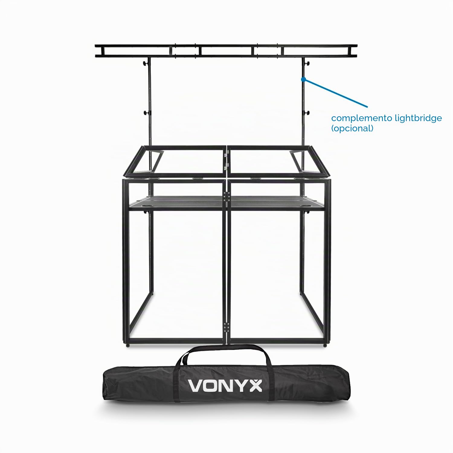 Vonyx DB3 DJ Desk, Mesa de DJ Portátil Grande, Aluminio Plegable, 146 x 73 x 132 cm, Incluye Bolsa de Transporte y Funda Blanca y Negra, Cabina de DJ, Equipo de DJ Plegable, Mueble DJ, Stand de DJ