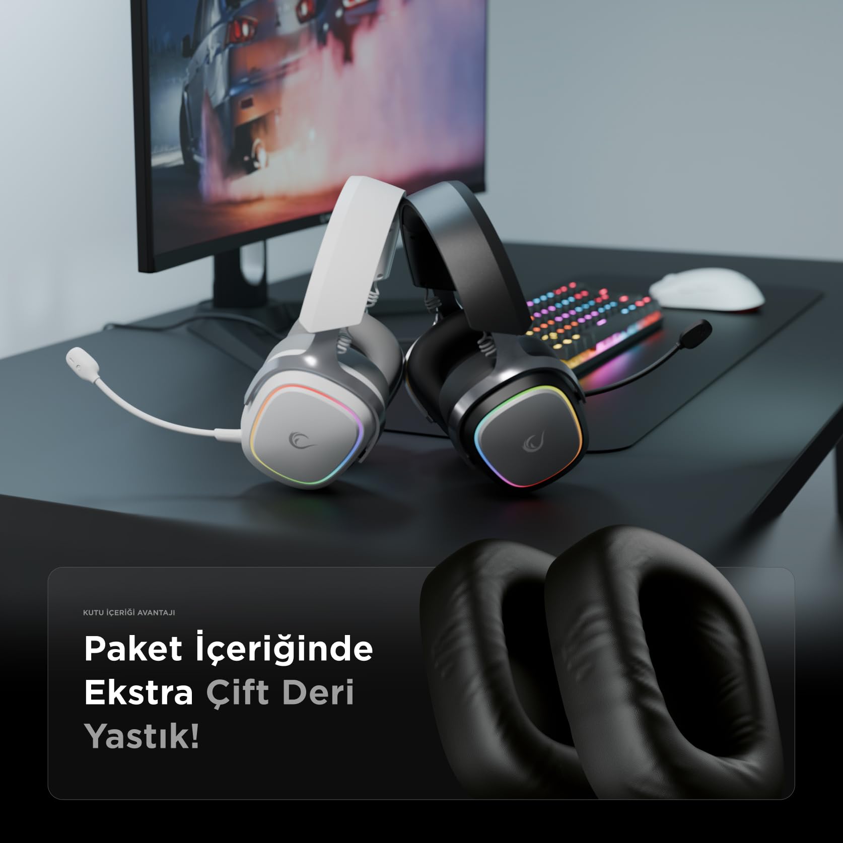 Rampage RETSU bezprzewodowy zestaw słuchawkowy gamingowy 2,4 G + Bluetooth 5.3 50 mm sterownik RGB, oświetlenie RGB, zestaw słuchawkowy gamingowy z mikrofonem, skóra białkowa i materiał, nausznik do