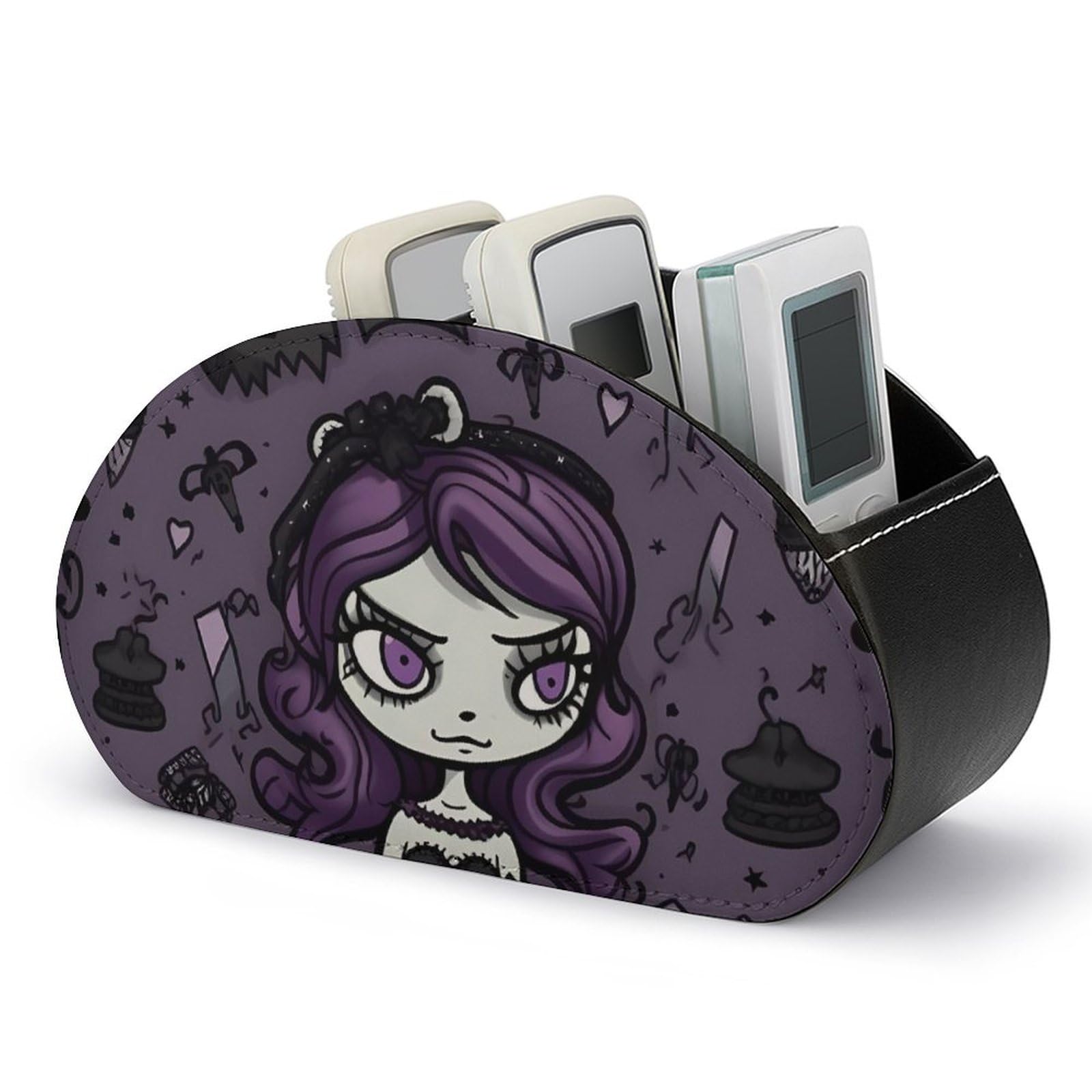 Hjkbcv Style Purple Black Goth Spooky Remote Control Holder With 5 Compartments Modern Pu Leather Nightstand Caddy Organizer Leather Control Storage Tv Remote Control Organizer Box