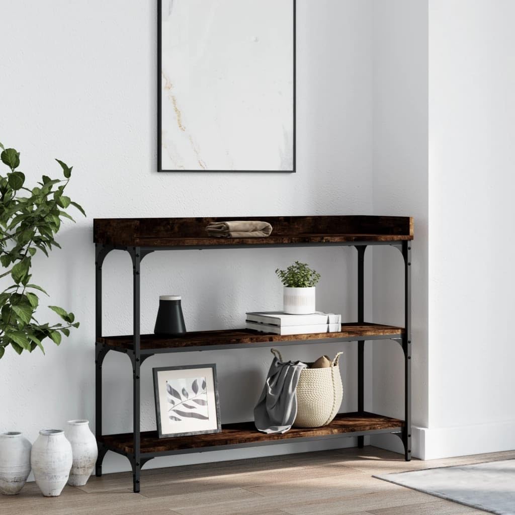 SXZenSpace Console Table Smoked Oak 100x30x80 cm, Engineered Wood & Metal Frame Sofa with Shelves, Industrial Hallway for Living Room Corridor Bedroom