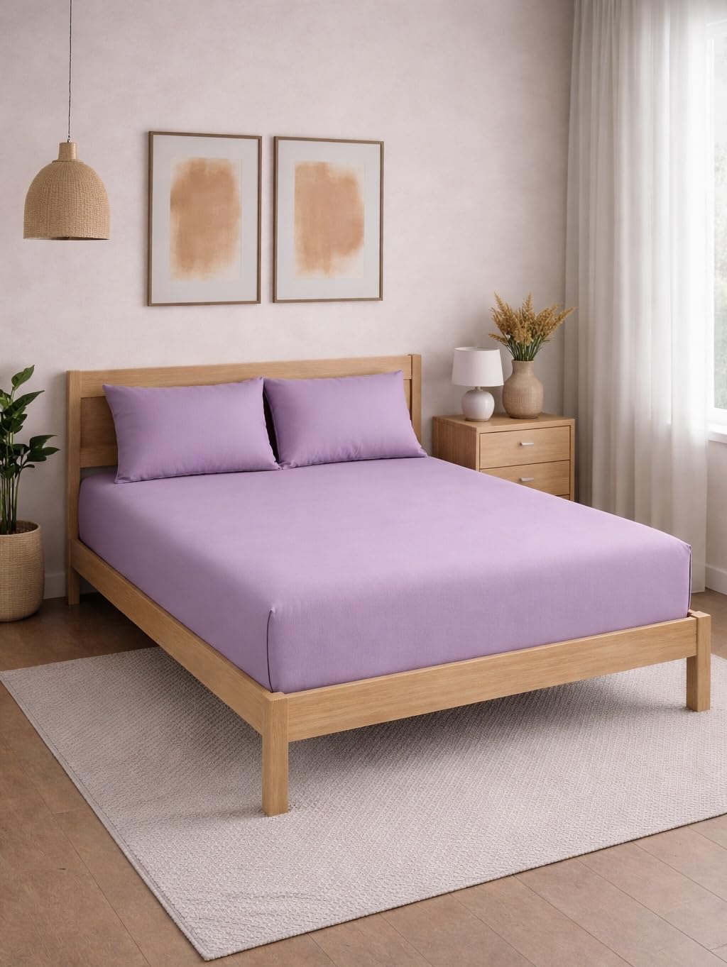 THE HOME STYLE Solid Plain Cotton Feel Fitted Bedsheet (72x78 inches) with Reversible Comforter (90x100 inches) | King Size | 2 Pillow Covers | 300 TC | 4-Piece Bedding Set (Lilac)