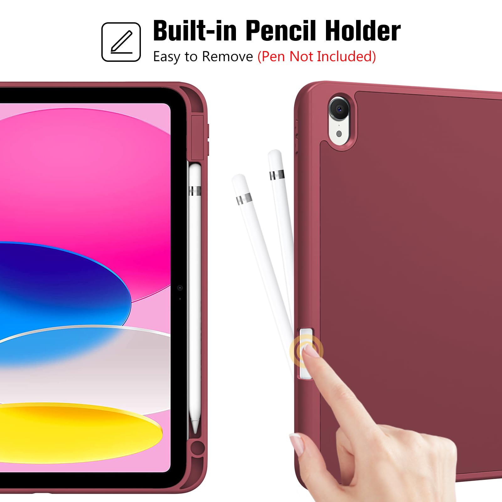 ProCase Cover iPad A16 11 Generazione 11 Pollici 2025 /iPad 10 Generazione 10,9 Pollici 2022 con Portapenna, Custodia iPad (A3354 A3355 A3356 A2696 A2757 A2777) Auto Svegliati/Sonno -Vino