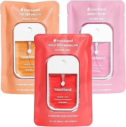 Touchland Hydrating Hand Sanitizer Spray – Juicy Trio Set (Wild Watermelon, Velvet Peach, Berry Bliss) – 3 x 1 FL OZ Travel Size Mists