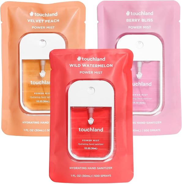 Touchland Hydrating Hand Sanitizer Spray – Juicy Trio Set (Wild Watermelon, Velvet Peach, Berry Bliss) – 3 x 1 FL OZ Travel Size Mists