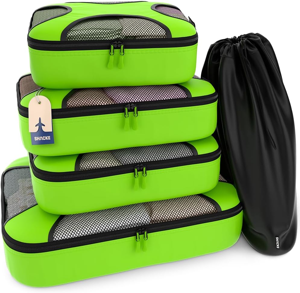 Shacke Pak - 4 Set Packing Cubes - Travel Organizers with Laundry Bag (Green Grass)