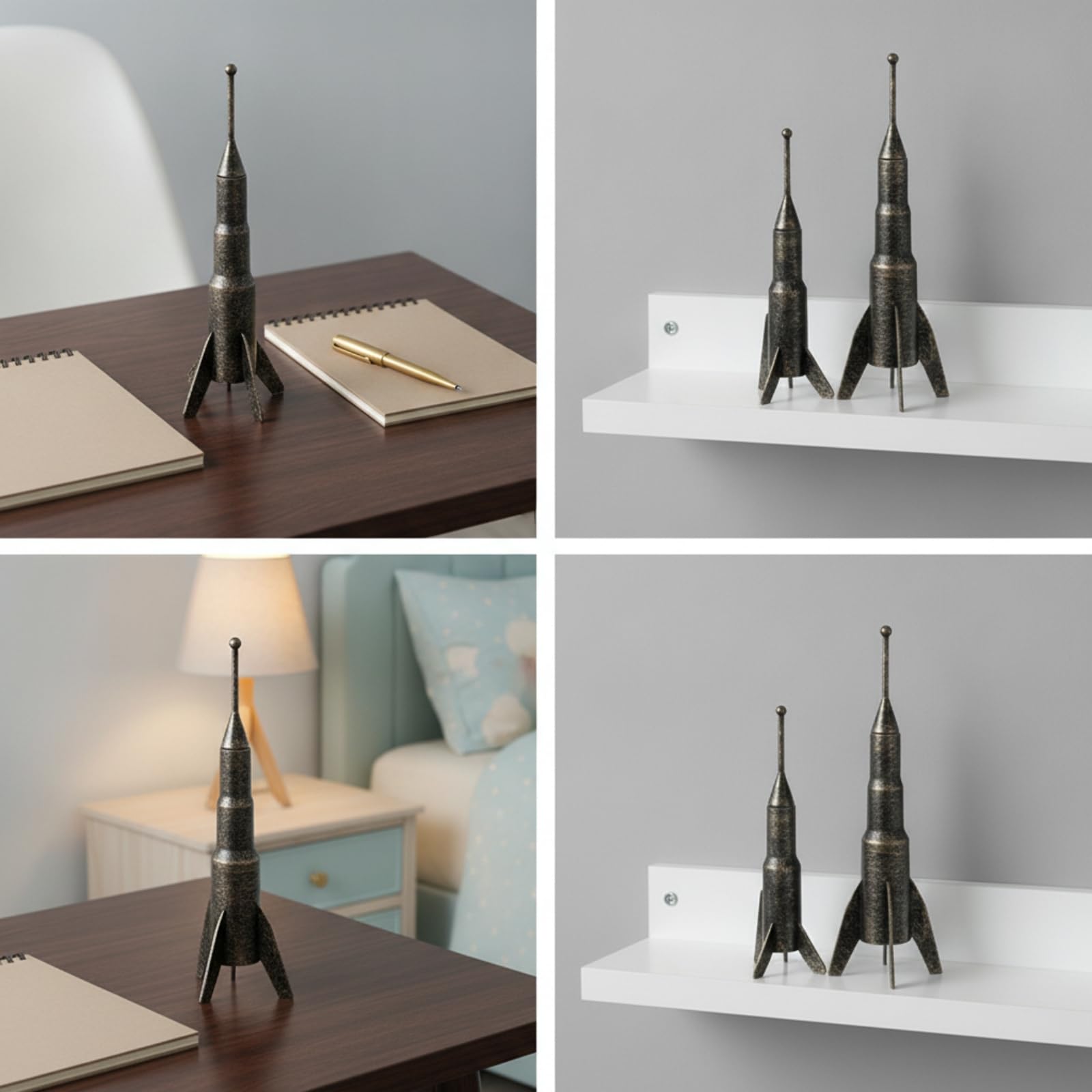 Figurina Spaziale per Bambini Statuetta Astronave Mini Decorazione Modello da Appoggio in Metallo Stile d'Epoca con Punta Affusolata E Asta Antenna, 90 90 350mm