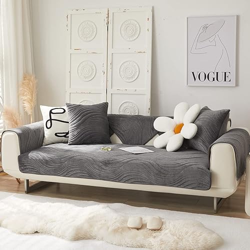 Miniatura 4 de Funda de sofá de terciopelo súper suave con bordado geométrico, funda gruesa y cálida para sofá modular, cómoda funda de felpa antideslizante para