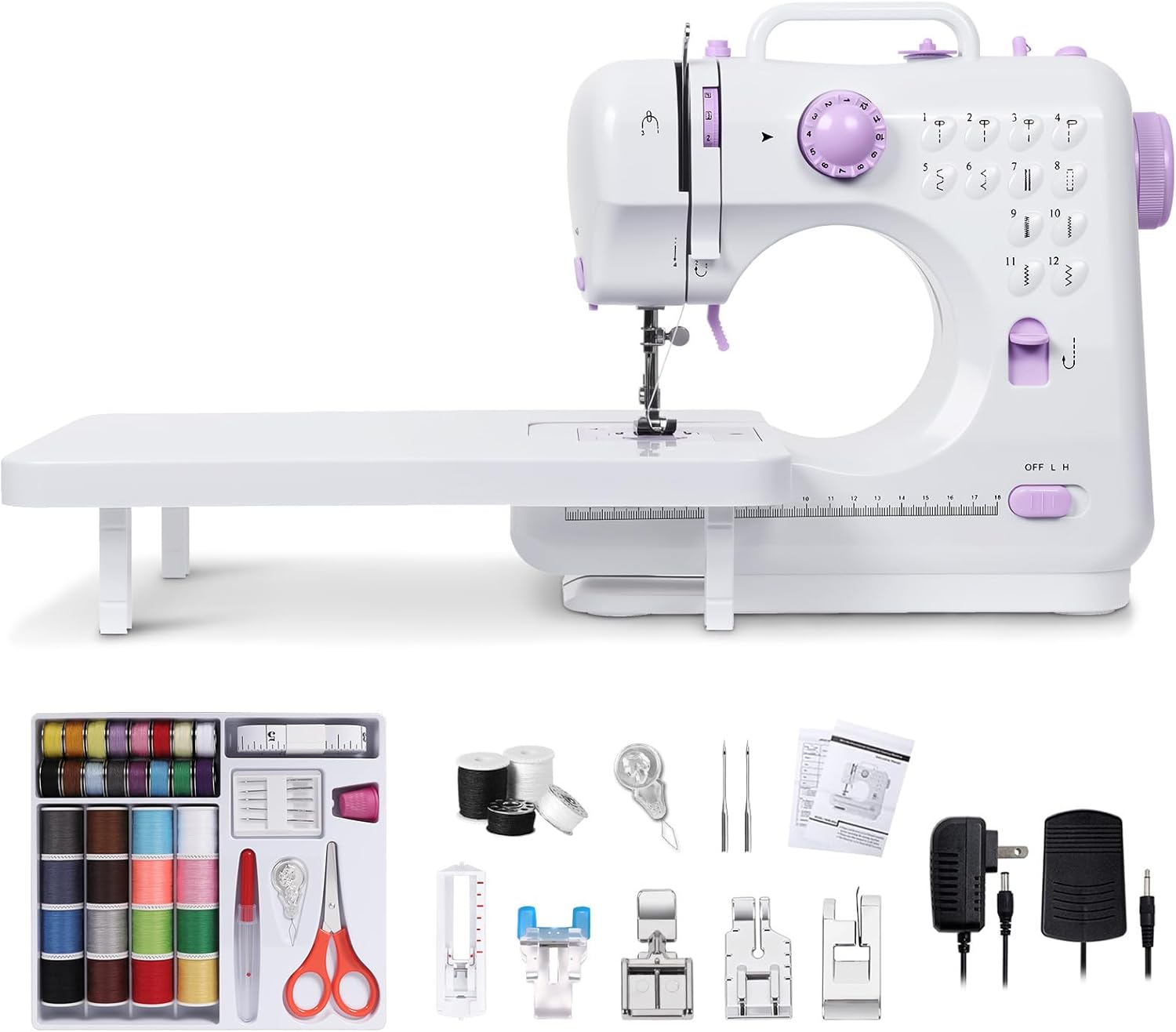 Tidjani Sewing Machine for Beginners, Mini Sewing Machine with Extension Table, 6 Replaceable Presser Feet, Portable Sewing Kit, Equip 12 Stitches, Suitable for Kids, Adults Beginners(Purple)