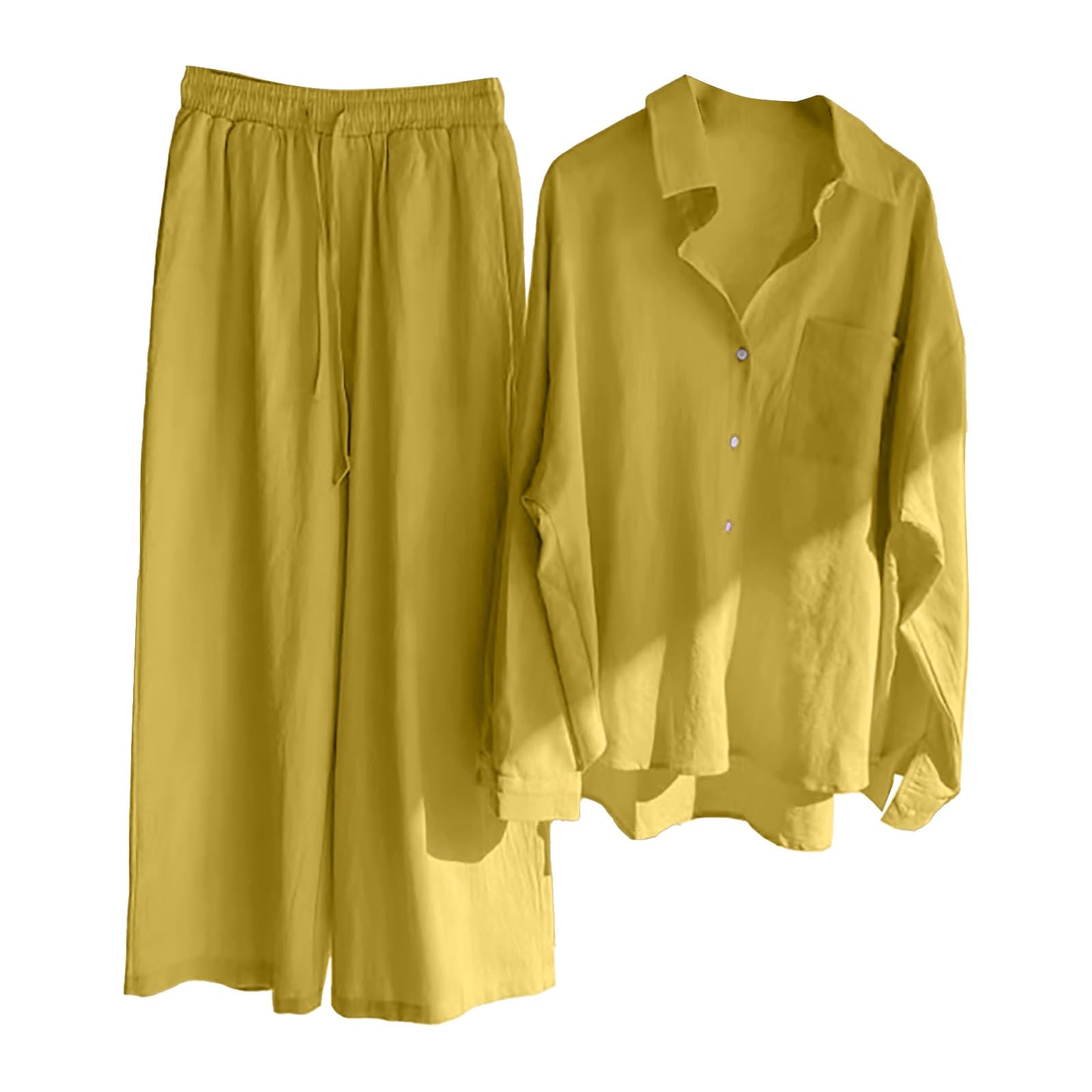 Genérico Mujeres Mujer 2 Piezas Retro Plus Talla Camisa de Algodón y Lino Traje de Cintura Alta Traje Pantalones Top Pantalones Manga Larga Traje de Pantalones Mujer Elegante Boda Dos Piezas