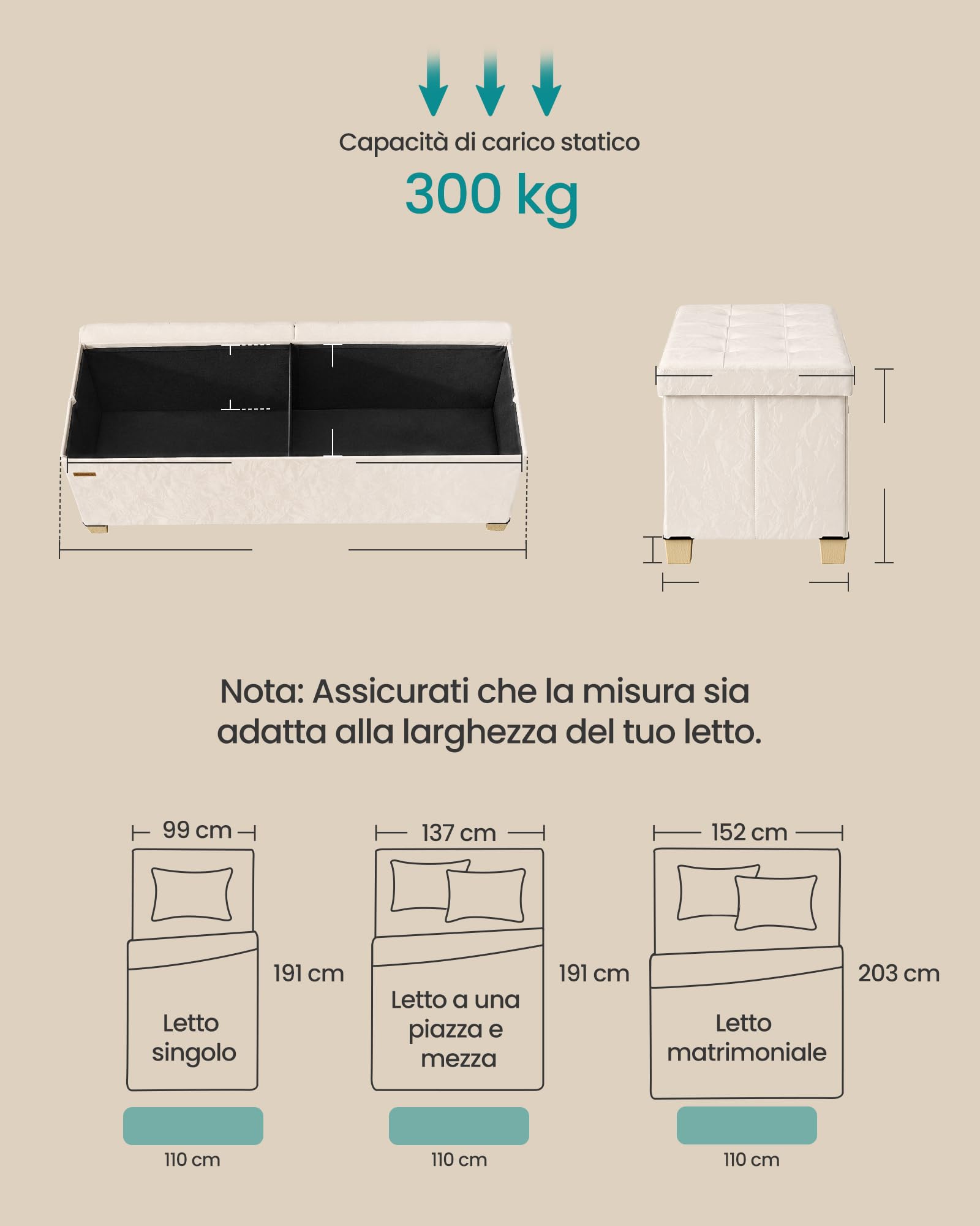 SONGMICS Pouf Contenitore, in Pelle Sintetica, Sgabello Poggiapiedi Pieghevole, Portata 300 kg, 110 x 38 x 40 cm, per Camera da Letto e Ingresso, Bianco Crema, Collezione Minota LSF524WD01