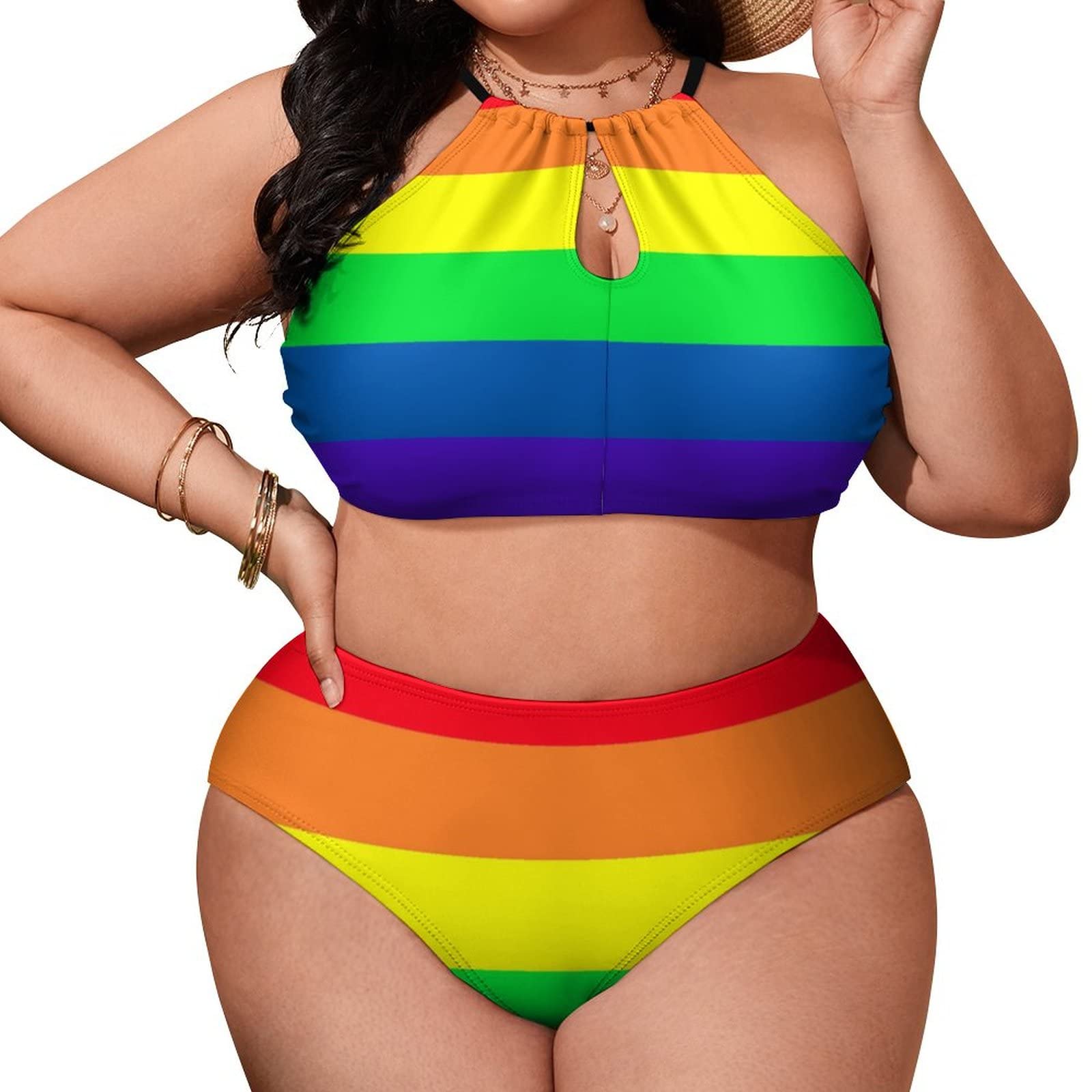 SEPTYK Gay Pride LGBT Rainbow Flag Pattern Women Sexy Bikini 2 PC Plus Size Swimsuits Hollow Out High Neck Bathing Suit 3XL