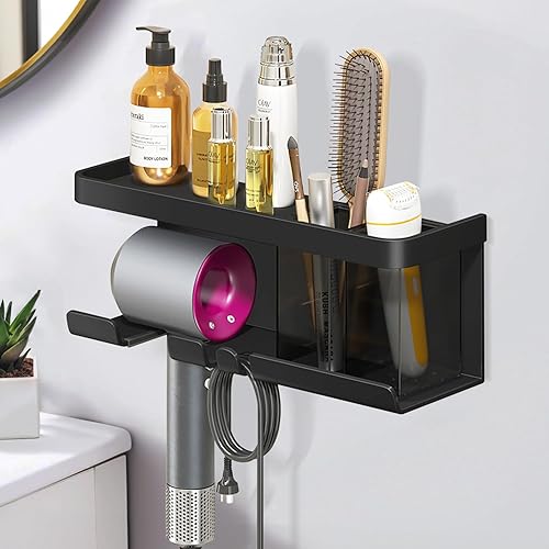 Soporte para secador de pelo, organizador de secador de pelo, soporte para secadora de pelo, montado en la pared con estante para baño, salón,