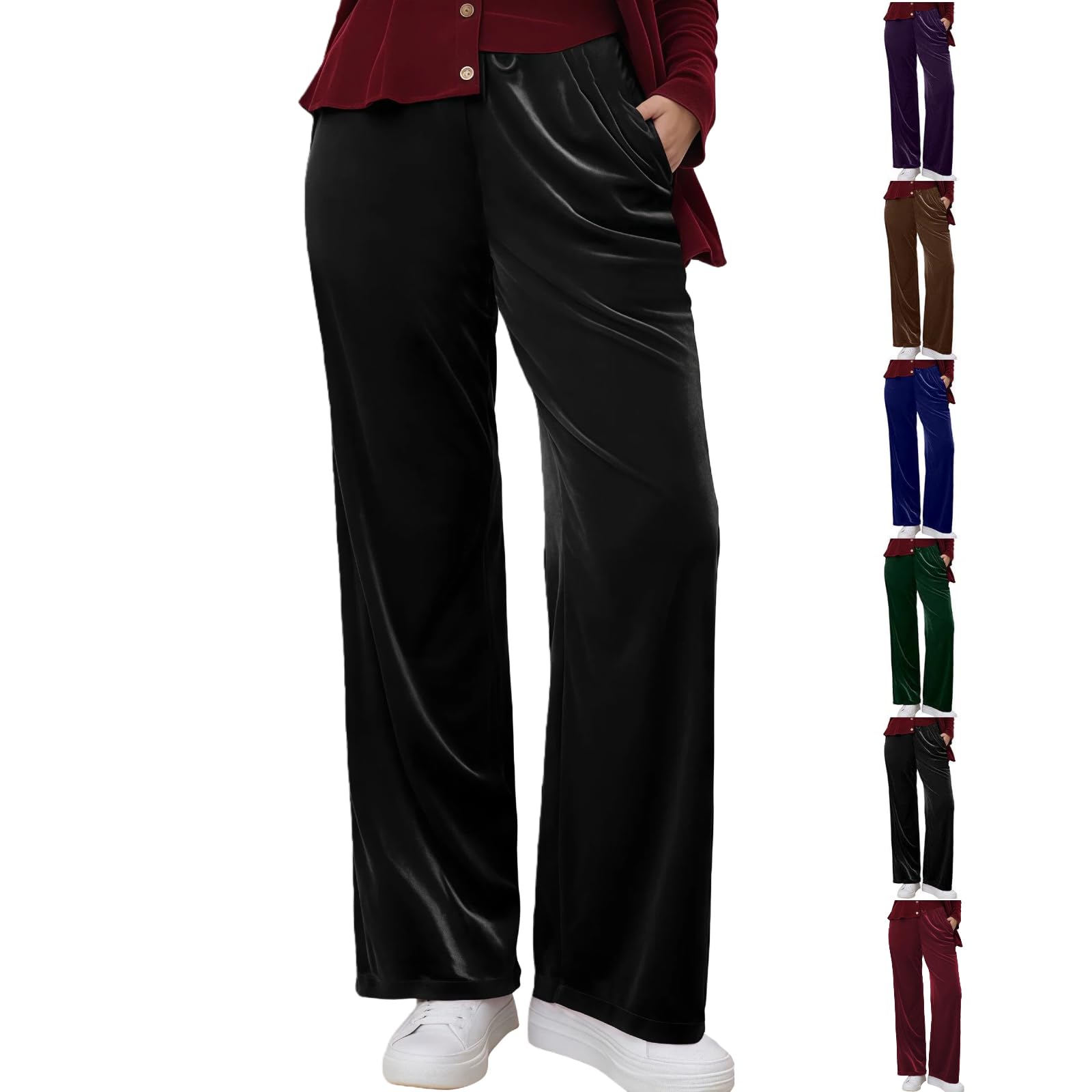 Velvet Pants for Women Drawstring Elastic Waist Wide Leg Comfy Stretchy Casual Velour Palazzo Pant with Pockets