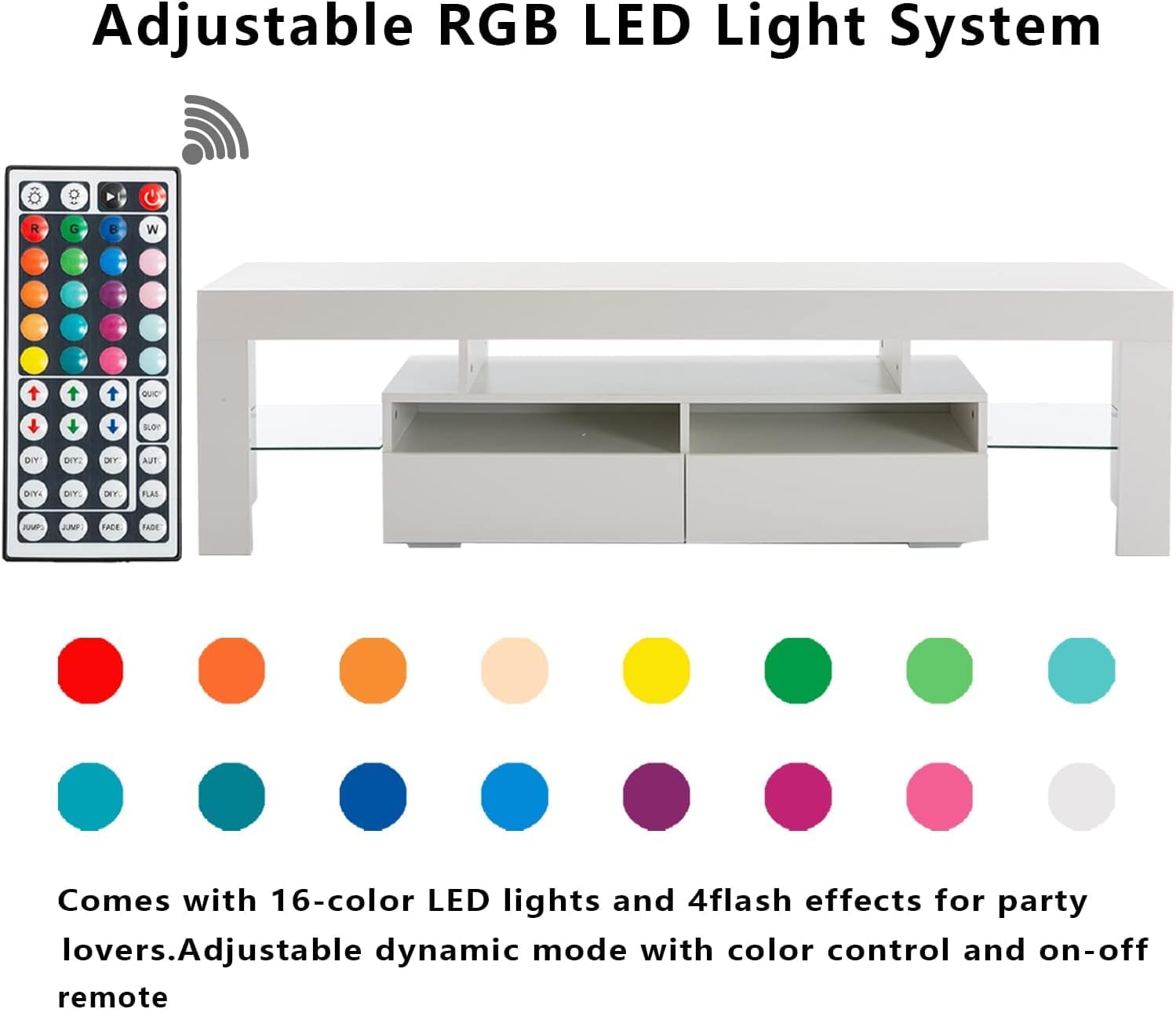 Remote control for LED lights with various color and mode buttons, next to a white TV stand with blue LED lights.