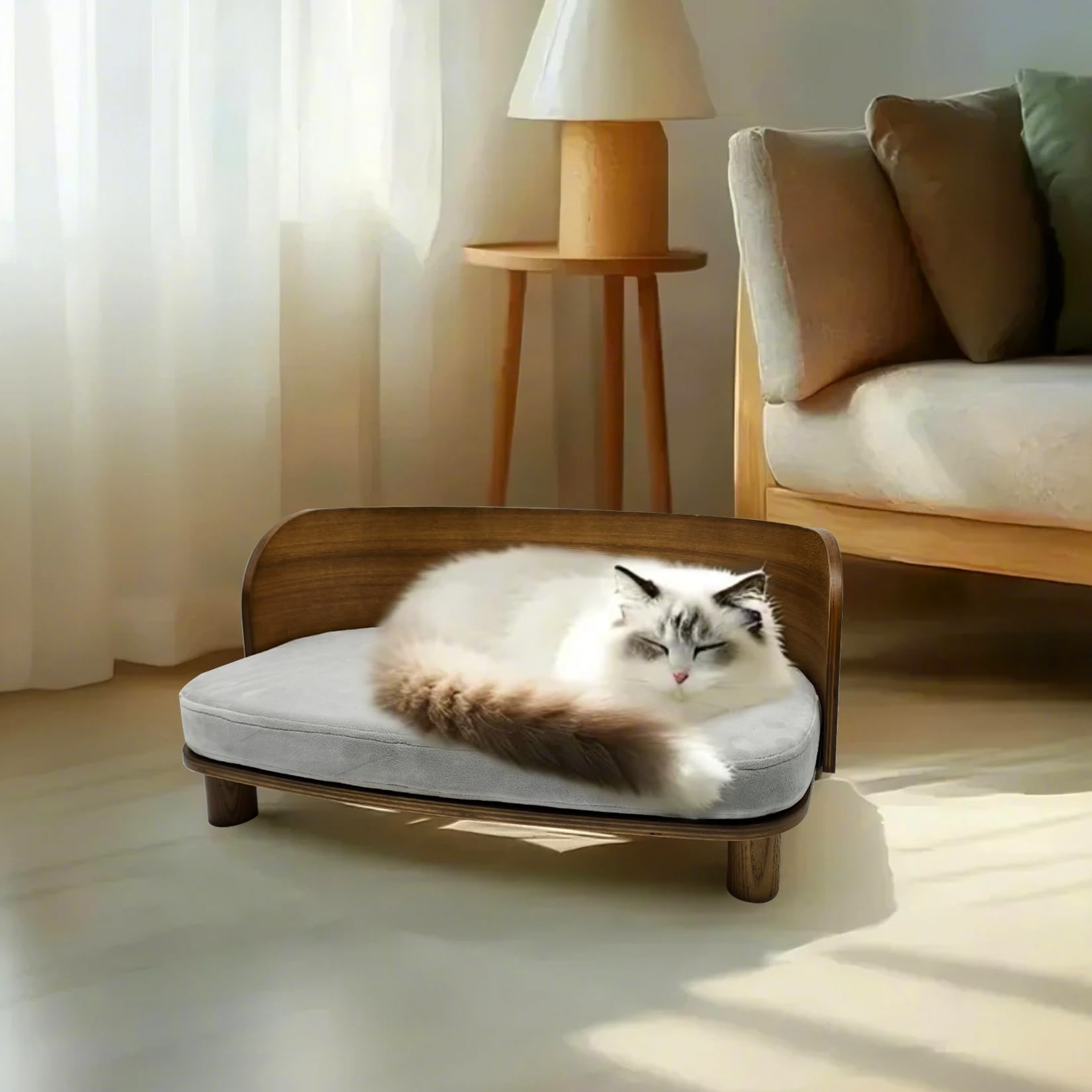 سرير من الخشب الصلب للحيوانات الأليفة من ويسفور: أريكة مرتفعة للقطط بمسند منحني، أريكة مرتفعة مع بساط ناعم قابل للإزالة وغطاء قابل للغسل، سرير خشب صلب أنيق للحيوانات الأليفة للكلاب والقطط الصغيرة