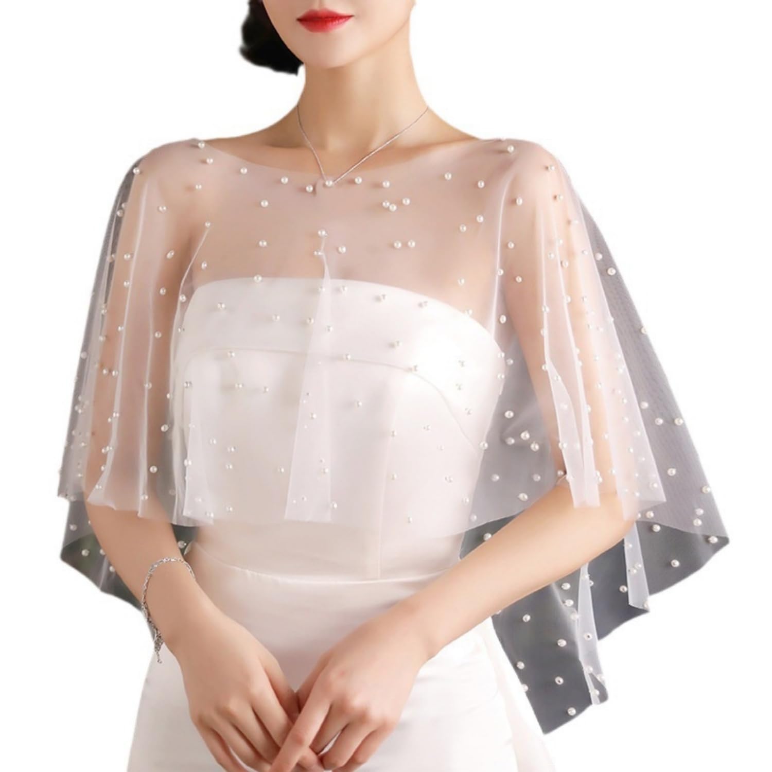 Brautumhang Weiß Umschlagtücher mit Perlen Stola Damen Durchsichtig Brautstola Elegant Abendkleid Cape Verstellbar Schalwickel Braut Bolero Cocktaikleid Festlich Capelets für Hochzeit Party