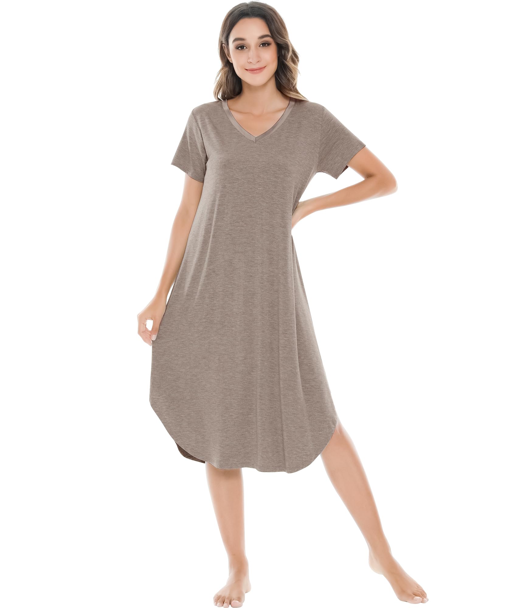 NACHILA Bamboo Viscose Nightgowns for Women Cooling Short Sleeve Sleepshirt | Soft V Neck Night Gowns, Moisture-Wicking Sleepwear for Hot Flashes &amp; Night Sweats, Ladies Nightshirts for Sleep, Home, Gift