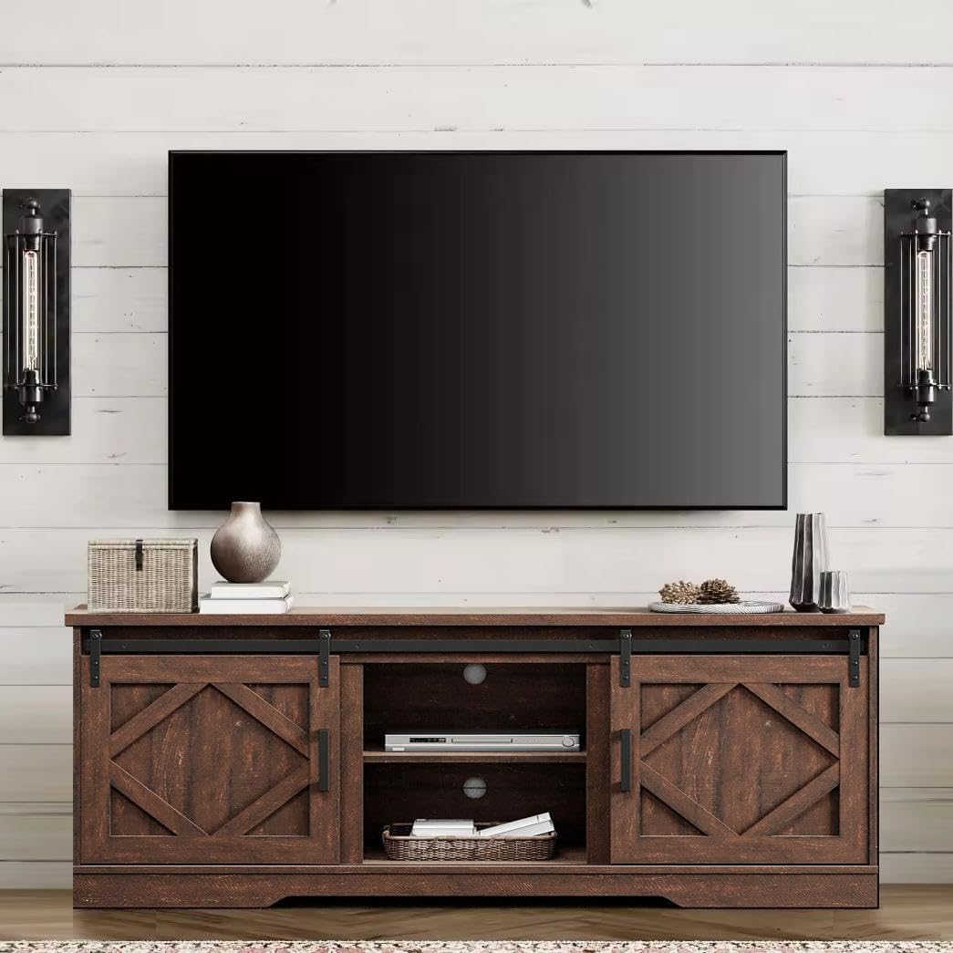 WAMPAT Farmhouse TV Stand for 75 Inch TV,Wood Entertainment Center with Storage Cabinets and Sliding Barn Doors,Media TV Console Table for Living Room Bedroom,Rustic Brown