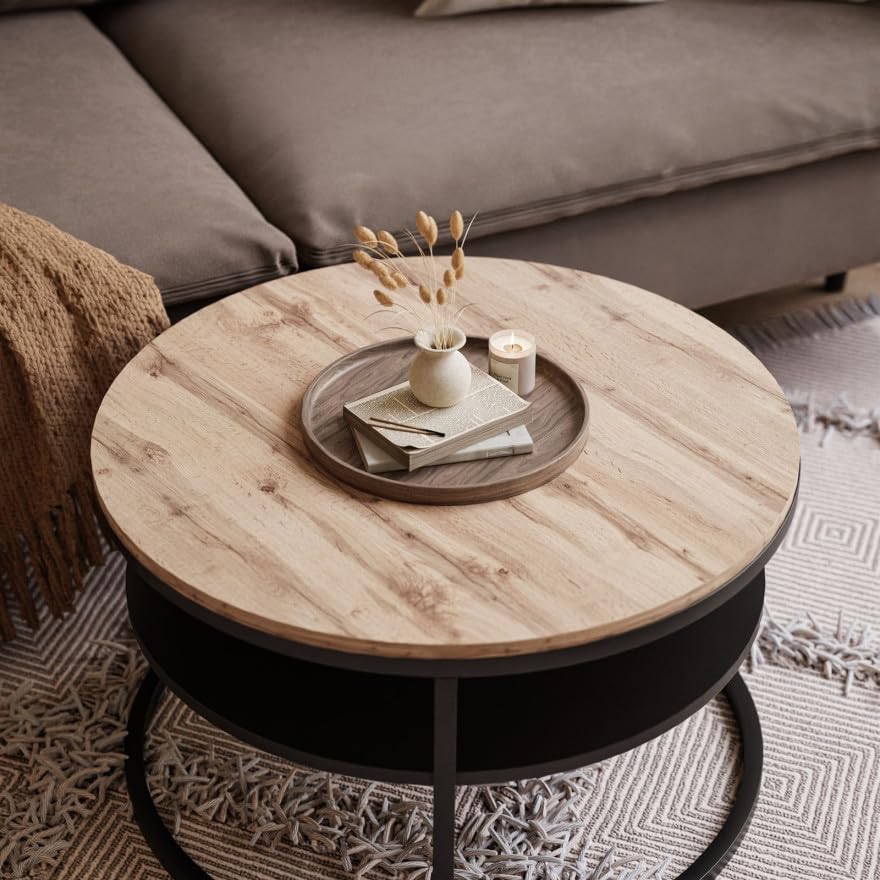 Lookway Couchtisch CIRI Slim – Runder 60 cm Wohnzimmertisch im Holzdekor, Mit Ablage, Moderner Beistelltisch (Eiche Wotan/Schwarz)