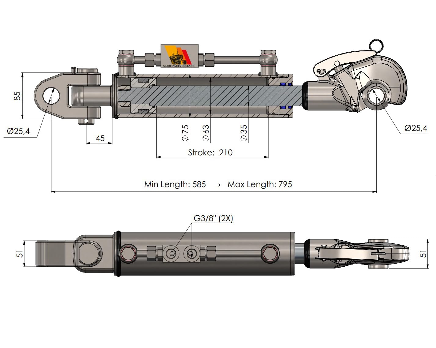 Hydraulischer Oberlenker Kat 2 (585-795 mm) mit Kugelgelenk, Fanghaken und Sperrblock