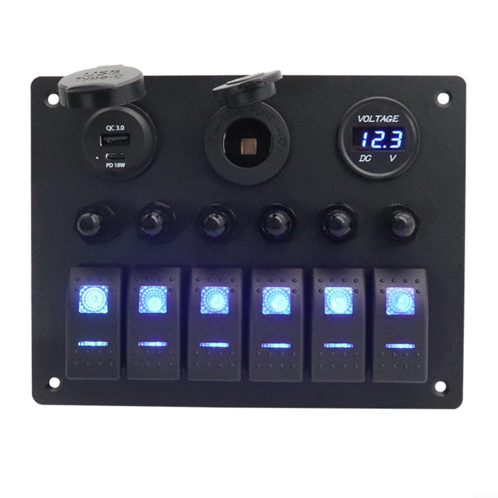 Pannello interruttore per camper e yacht, interruttore a levetta a 6 vie con voltmetro e caricatore USB, armadio elettrico in alluminio per rete di bordo 12-24 V