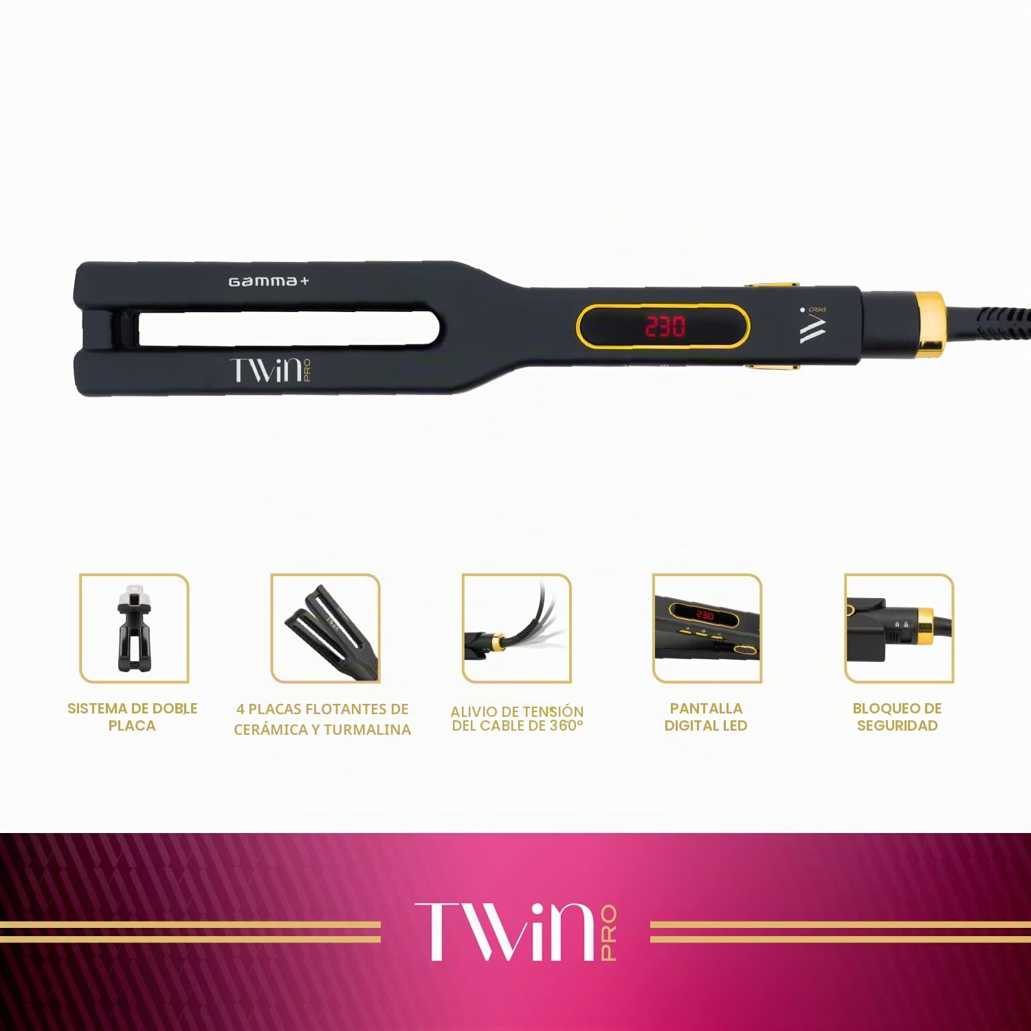 GAMMAPIÙ Twin Plancha de Pelo Profesional, 4 Placas Flotantes de Cerámica Avanzada y Turmalina, 10 Temperaturas Adjustables 130-230°C, Calentamiento Rápido, Apagado Automatico, Display Digital