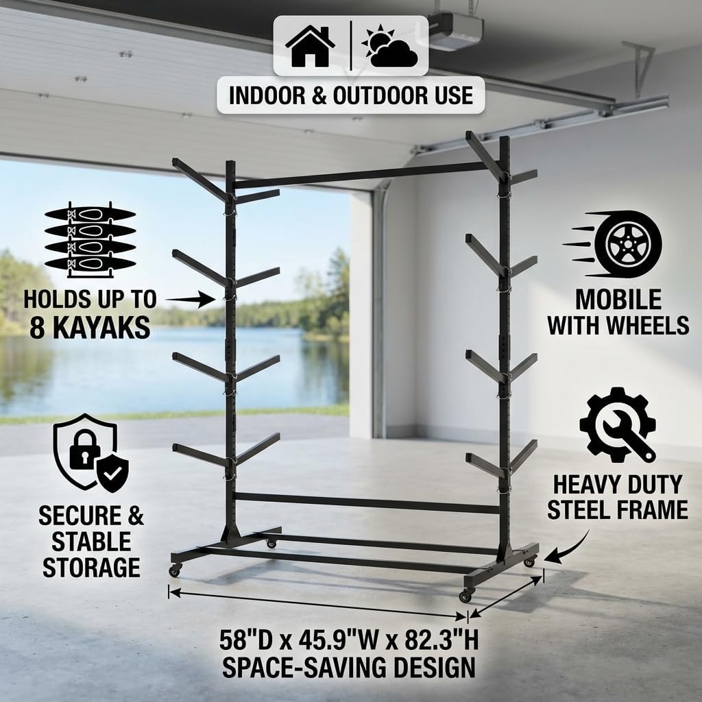 82"H Heavy Duty Freestanding Kayak Storage Rack, Adjustable 8 Kayak Stand with Wheels for kayak storage rack Garage kayak rack Indoor and Outdoor Use, 58"D kayak rack for garage x 45.9"W x 82.3"H