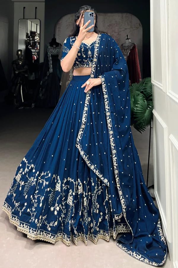 Image of Suppar Sleave Women's Embroidered Vichitra Silk Lehenga Choli Dupatta Set Semi-Stitched Blouse and Fit & Flare Style