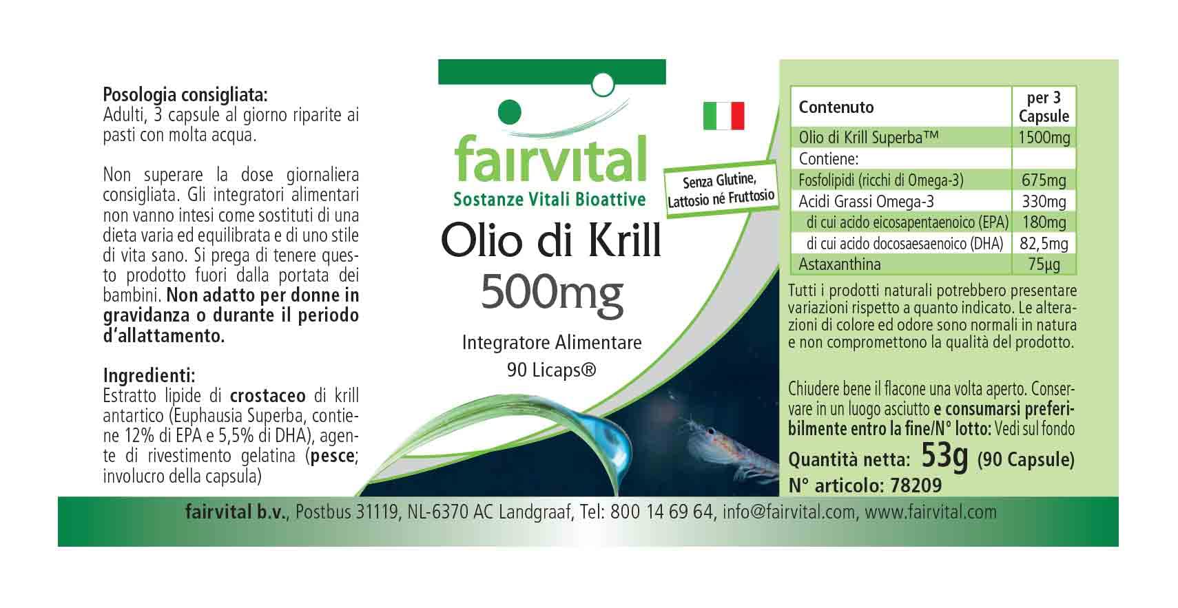 fairvital Capsules d'huile de krill 500mg, 90 LiCaps®, HAUTEMENT DOSÉ, Superba Antarctique, riche en EPA et DHA