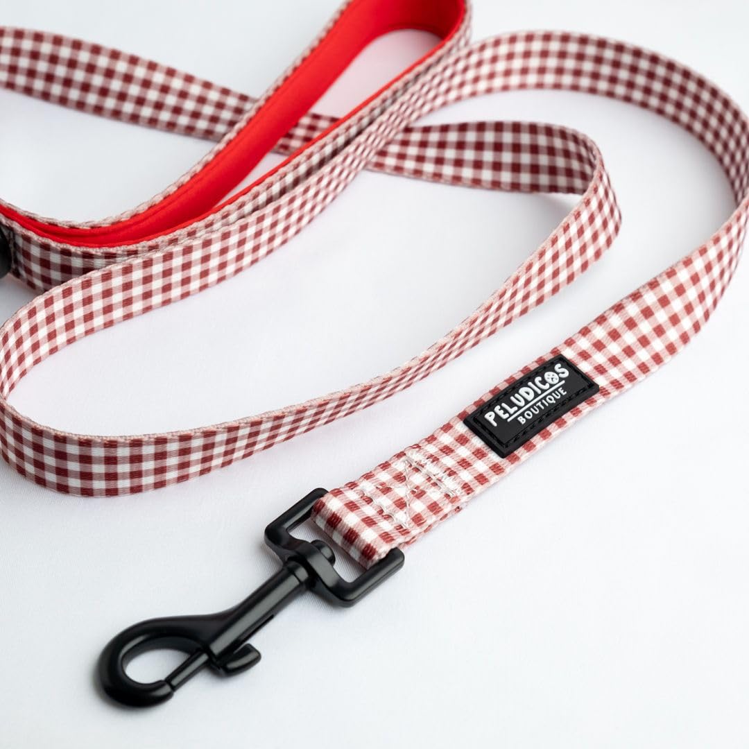 Pack Arnés,Correa y Portabolsas Granate para Perro Ajustables de Neopreno – Diseño Vichy, Cómodos y Resistentes – 5 Tallas