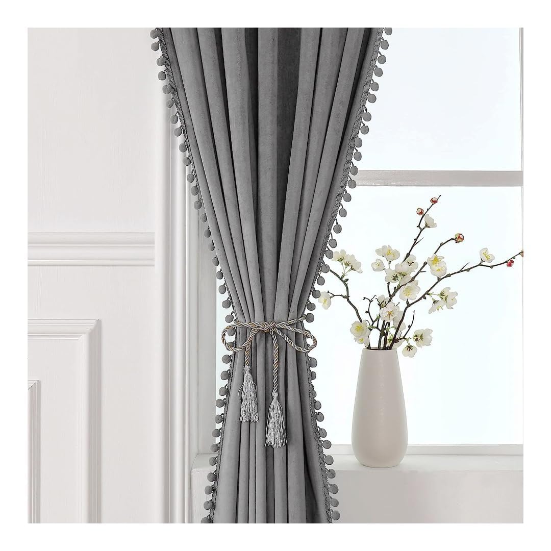 aeTHEric Velvet Eyelet Door Curtains with pom pom Lace for Living Room Bedroom Kitchen 7 feet 1 pc 3