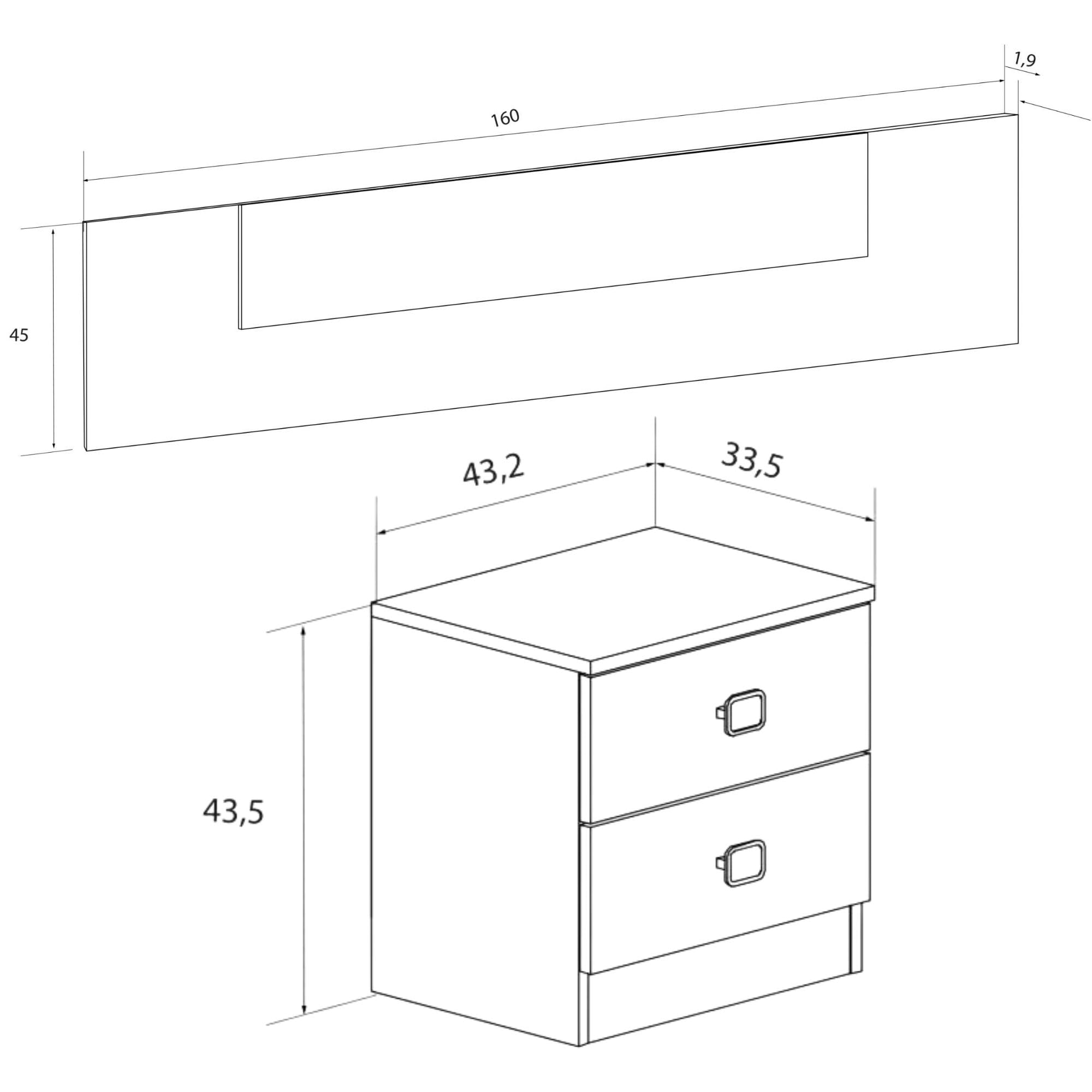 Meyvaser, Conjunto Pack Cabecero y 2 Mesitas de Noche, Incluye Herrajes para Colgar, Color Cambrian y Blanco, Dormitorio Doble de Matrimonio o Juvenil, Medidas:160x45x1,6 cm (LargoxAltoxProfundo)