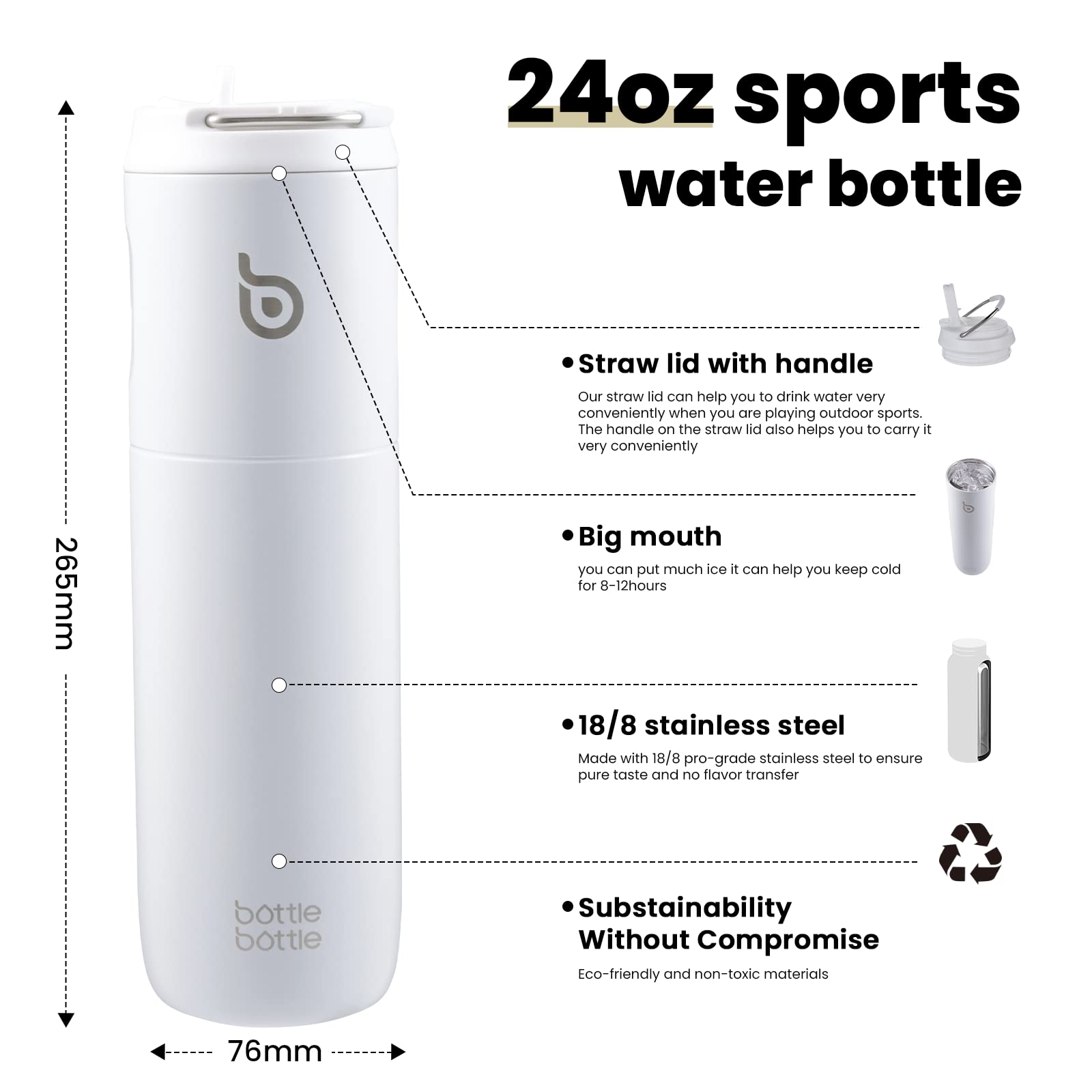 Bottle Bottle Borraccia termica da 710 ml, con coperchio, cannuccia e manico, in acciaio inox, a doppia parete sottovuoto, a prova di perdite, senza BPA, per sport, viaggi, palestra, bianco
