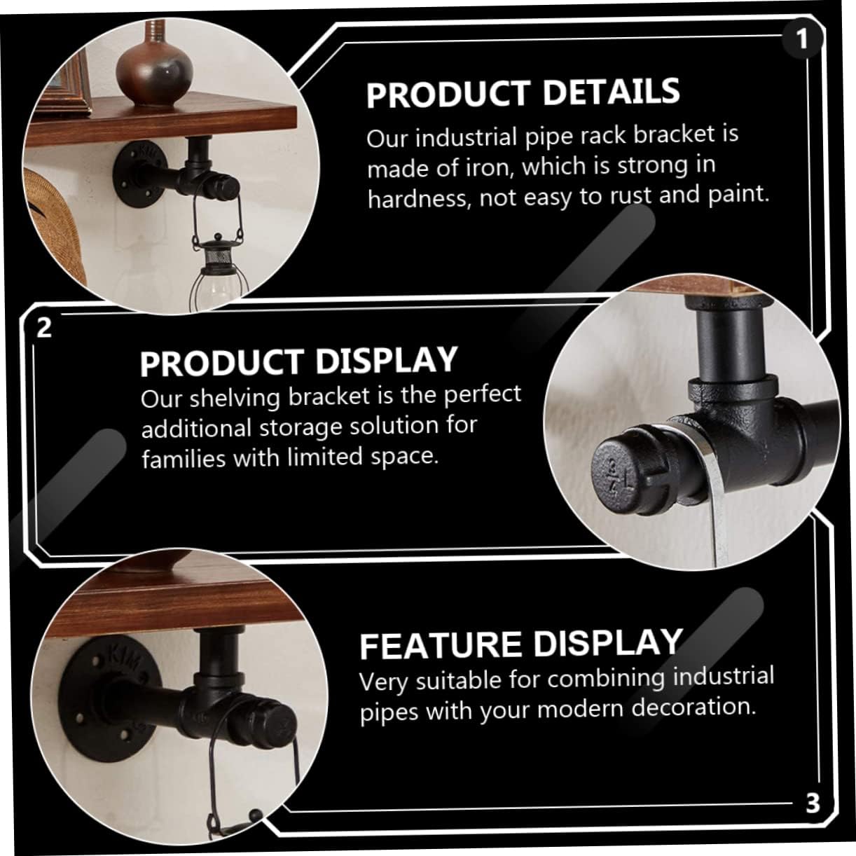 TEHAUX 2Pcs Retro Wall Mount Industrial Shelf Bracket Rustic Black Iron Pipe Supports for Floating Shelves Suitable for Home Decor Kitchen Living Room