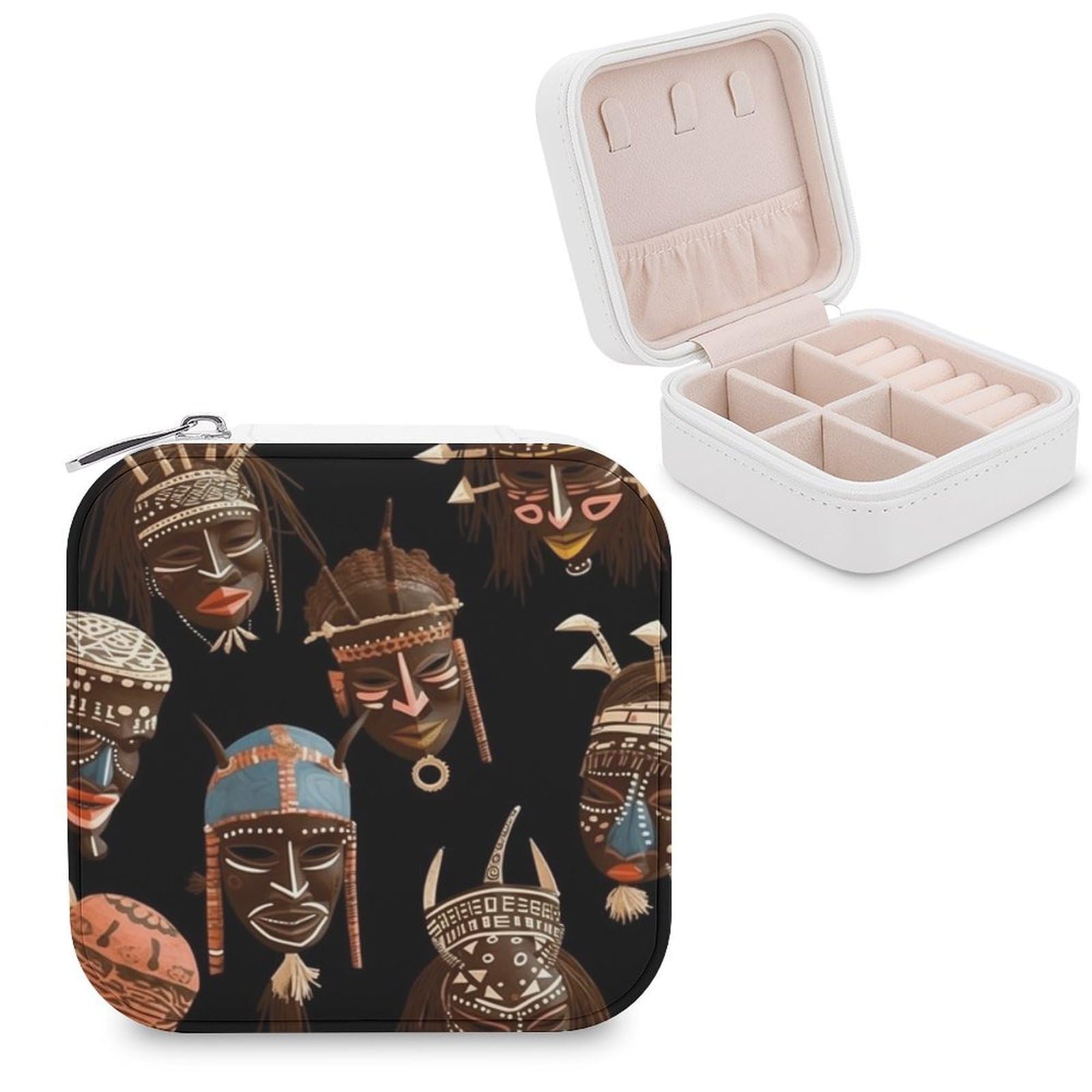 LZQPOEAS African Ritual Ethnic Tribal Jewelry Box Small Jewelry Case PU Leather Portable Travel Jewelry Case, Large Capacity for Rings Earrings Necklaces Bracelets Watch