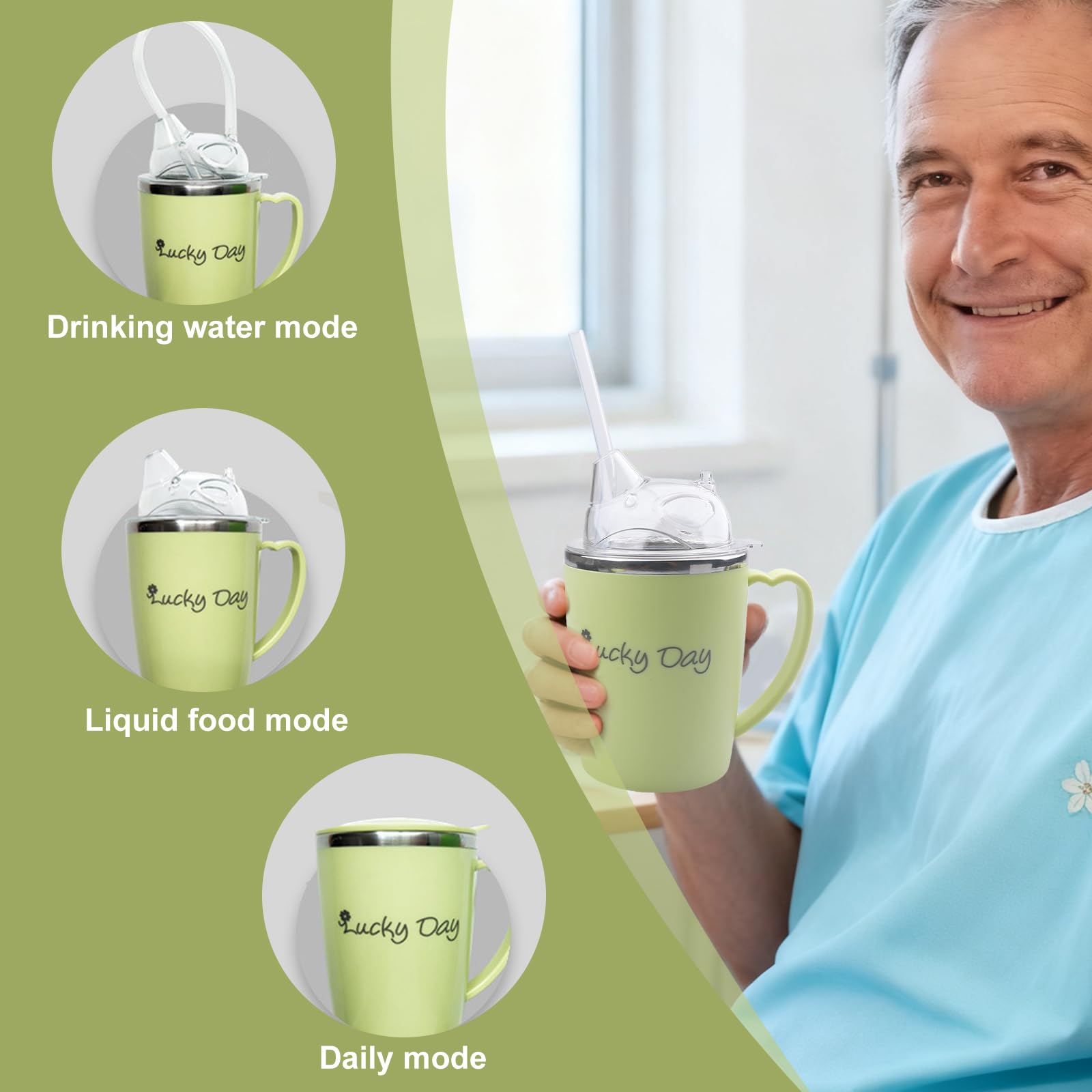 Taza con pico para personas mayores: vaso de 350 ml para personas mayores, 3 en 1 a prueba de fugas con paja de 30 cm, vaso de acero inoxidable con asa para pacientes, ancianos y mujeres