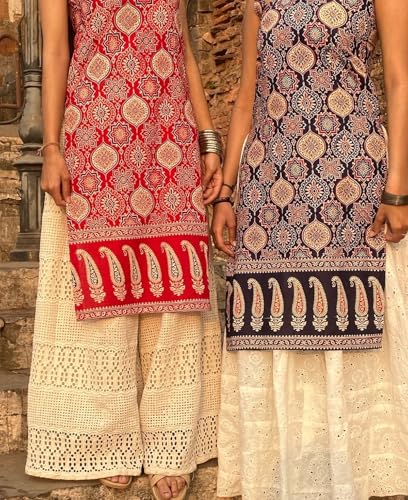 Image of Women's Sleeveless Ajrak Print Kurti, Pure Cotton Straight Fit Straight Cambric Jaipuri Printed Kurti