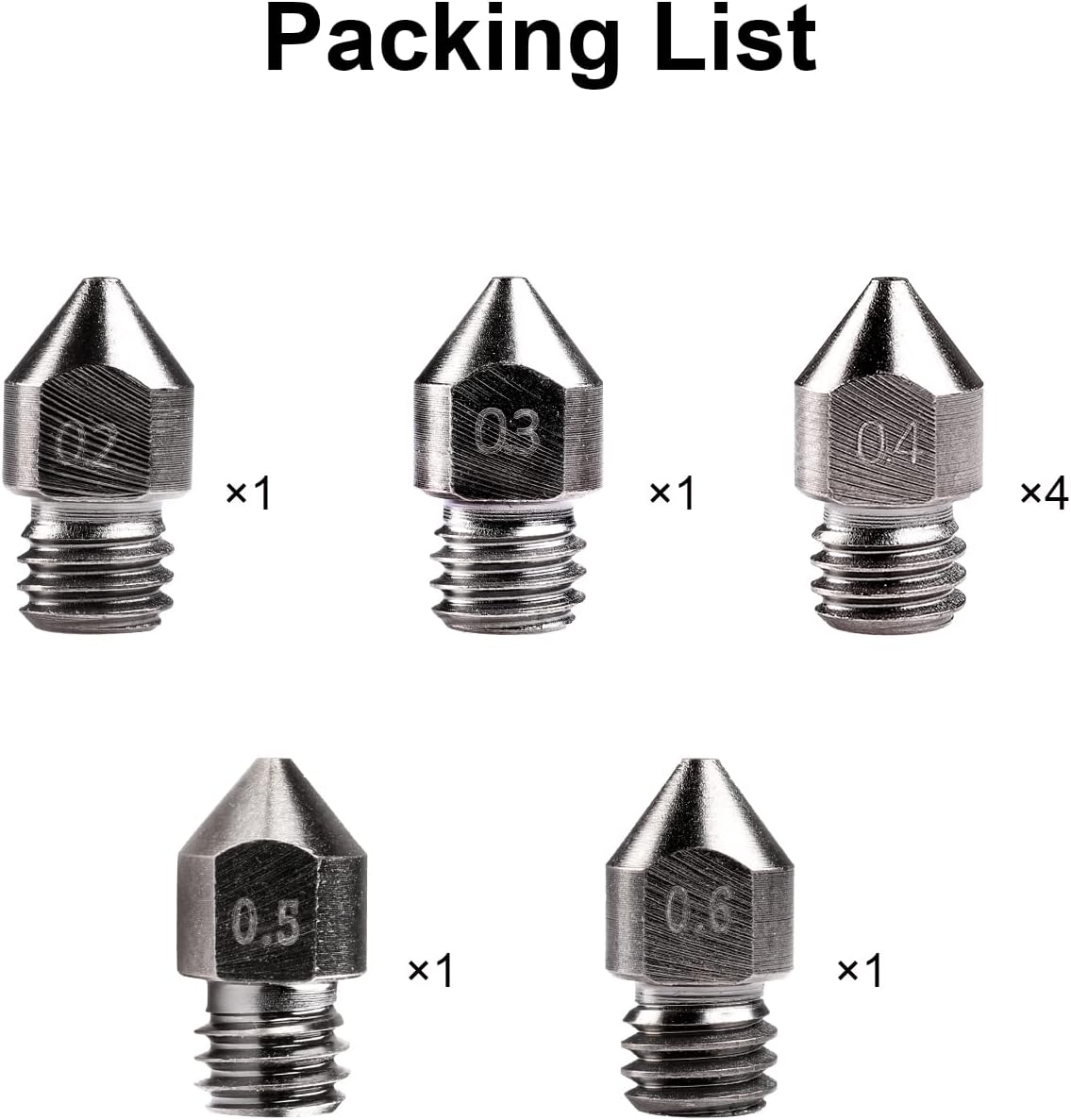 Creality 8 PCS 3D Printer Hardened Steel MK8 Nozzles, Upgraded Tungsten All Metal Extruder Nozzles 0.2mm, 0.3mm, 0.4mm, 0.5mm, 0.6mm for Creality Ender 3/ 3 V2/ 3 pro CR-10 : Industrial & Scientific