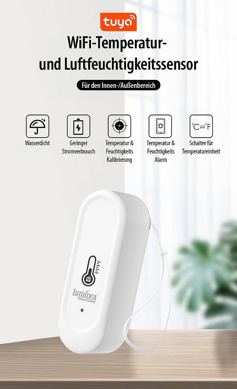 Luminea Home Control Temperatur Sensoren: 4er-Set WLAN-Außen- und Innen-Temperatur- und Luftfeuchtigkeitssensor (Thermometer Funk, Thermometer Hygrometer Funk, WC)