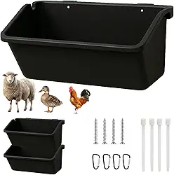 Comedouros de galinha pendurados (pacote com 2, 5 Qt) – Baldes de água e ração de aves de plástico preto durável com clipes D de metal, cabra multianimal, ovelha, pato, porco, cavalo, alimentador de