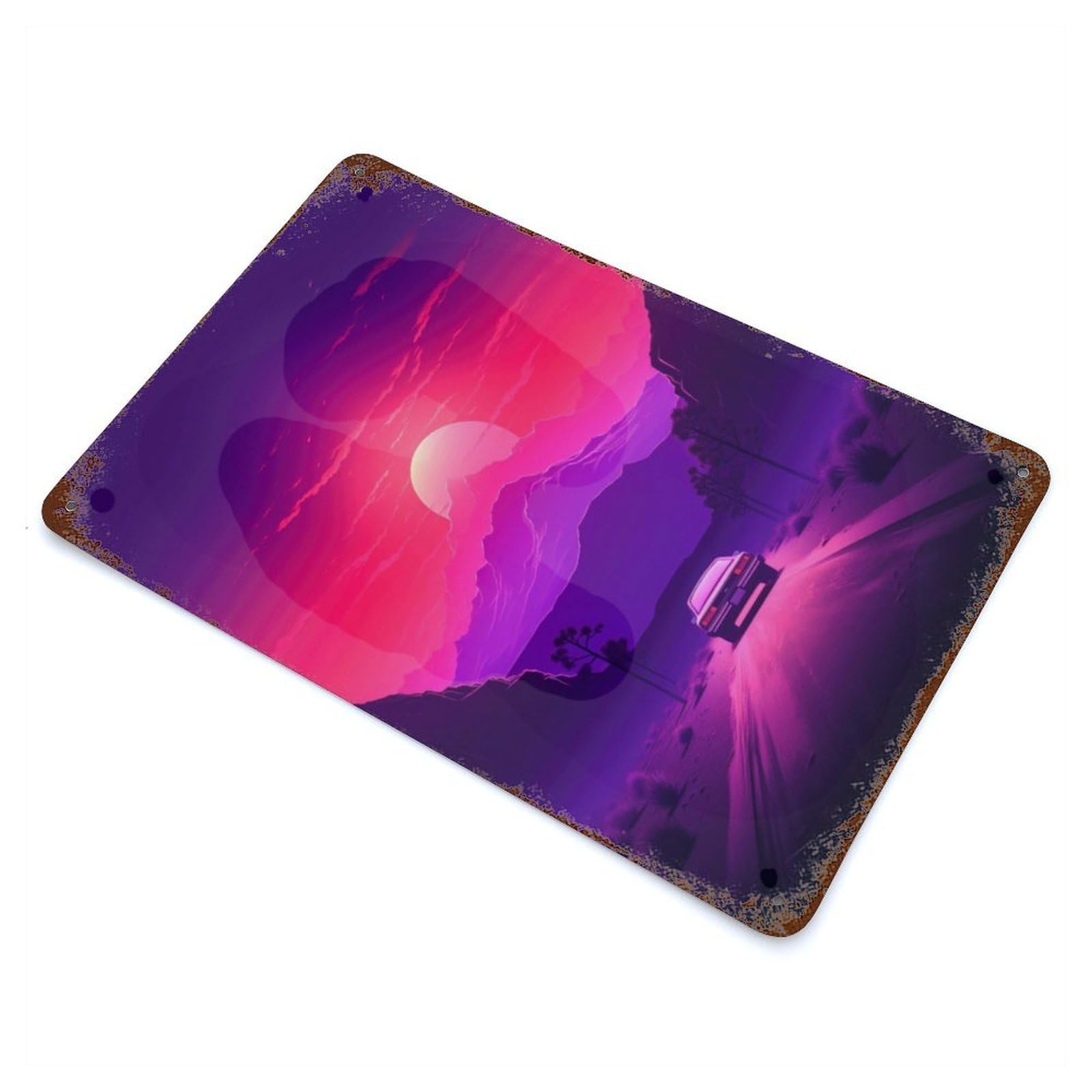 Synthwave Sunset Car Vintage Wall Sign 11.8"x7.9", Rust Effect Metal Decor for Living Room, Hallway And Home Decor