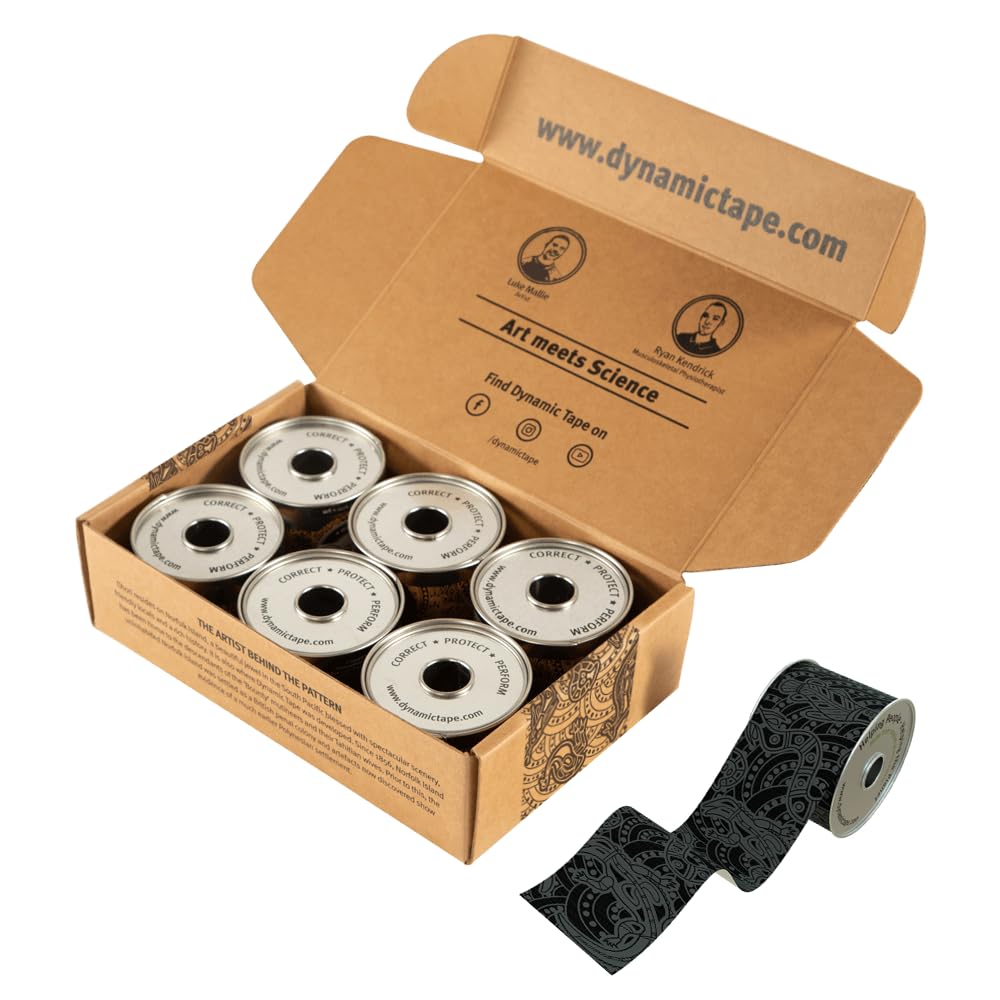 Dynamic Tape Eco - Biomechanical Athletic Tape Made from Recycled Materials | 4 Way Stretch & Stronger Recoil Than Kinesiology Tape | for Sports, Muscle & Joint Load Management | 2" Black/Grey 6pack