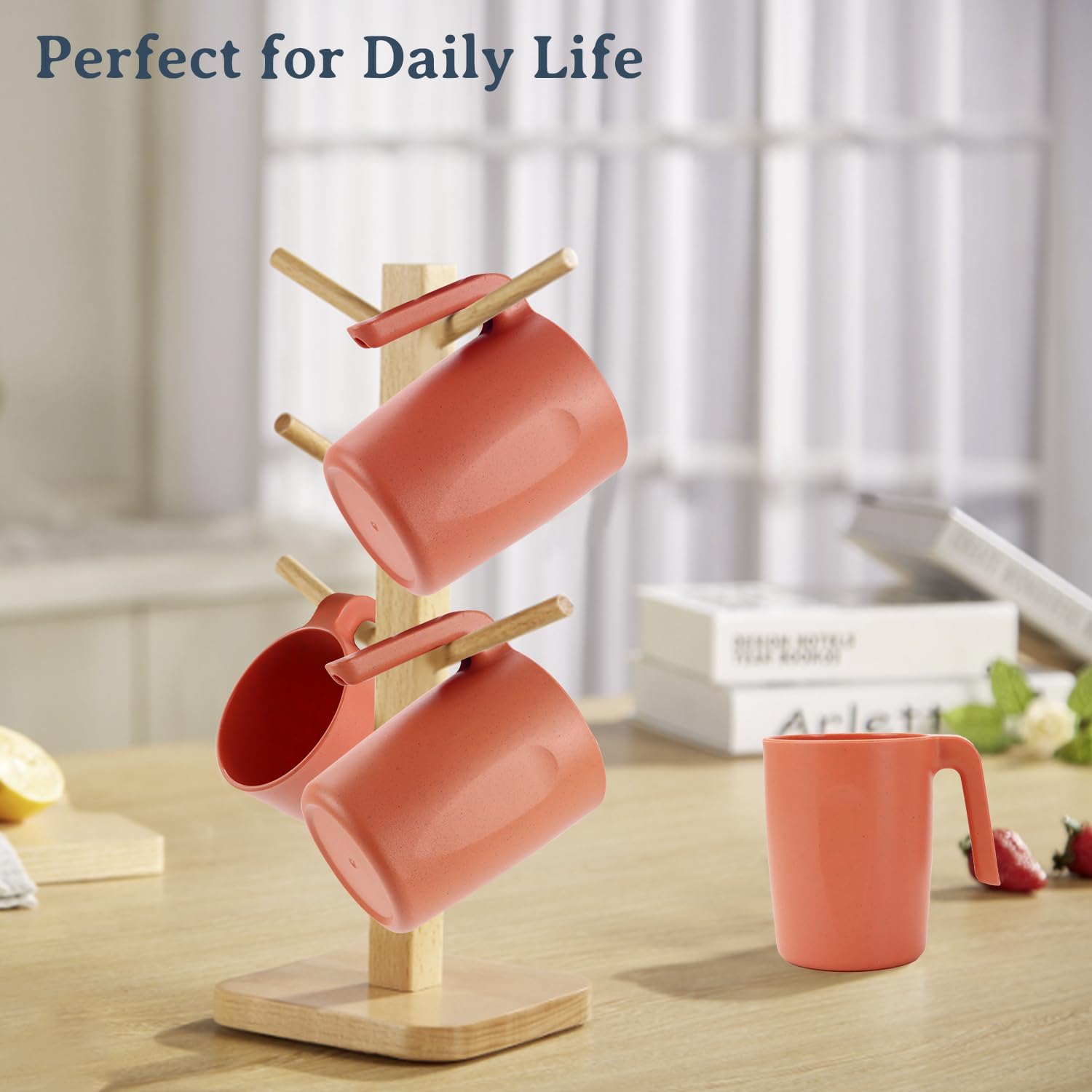 Wrova 16oz Wheat Straw Cups with handles set of 6-Plastic Cups Reusable-Unbreakable Kids Mugs-Dishwasher Safe & Microwave Safe-Ideal Plastic Mugs for Tea,Coffee,Camping,RV-Orange - Image 6